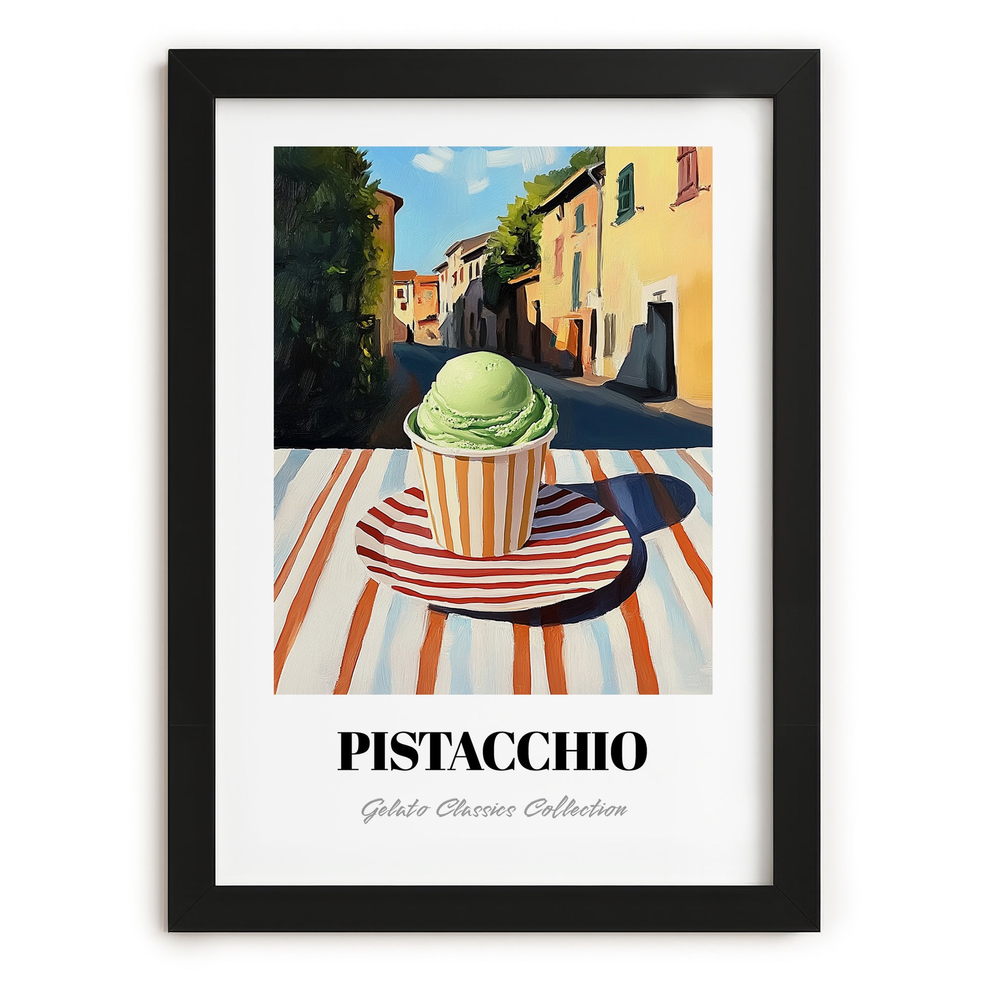 Gelato Pistacchio – Italian Urban Café Scene, Gelato Illustration, in sleek black frame