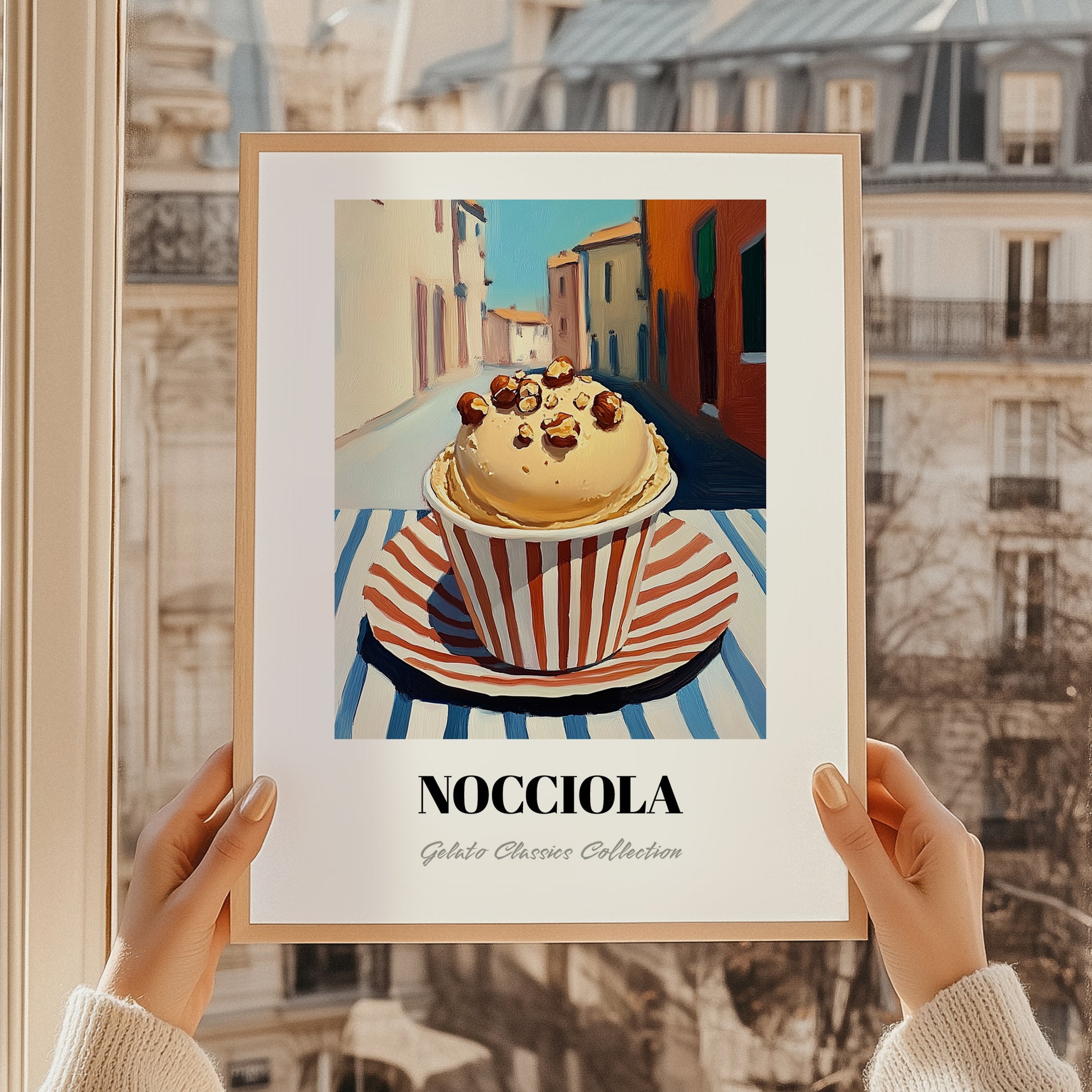 Gelato Nocciola – Italian Outdoor Café Scene, Gelato Poster, styled in a charming Paris street view