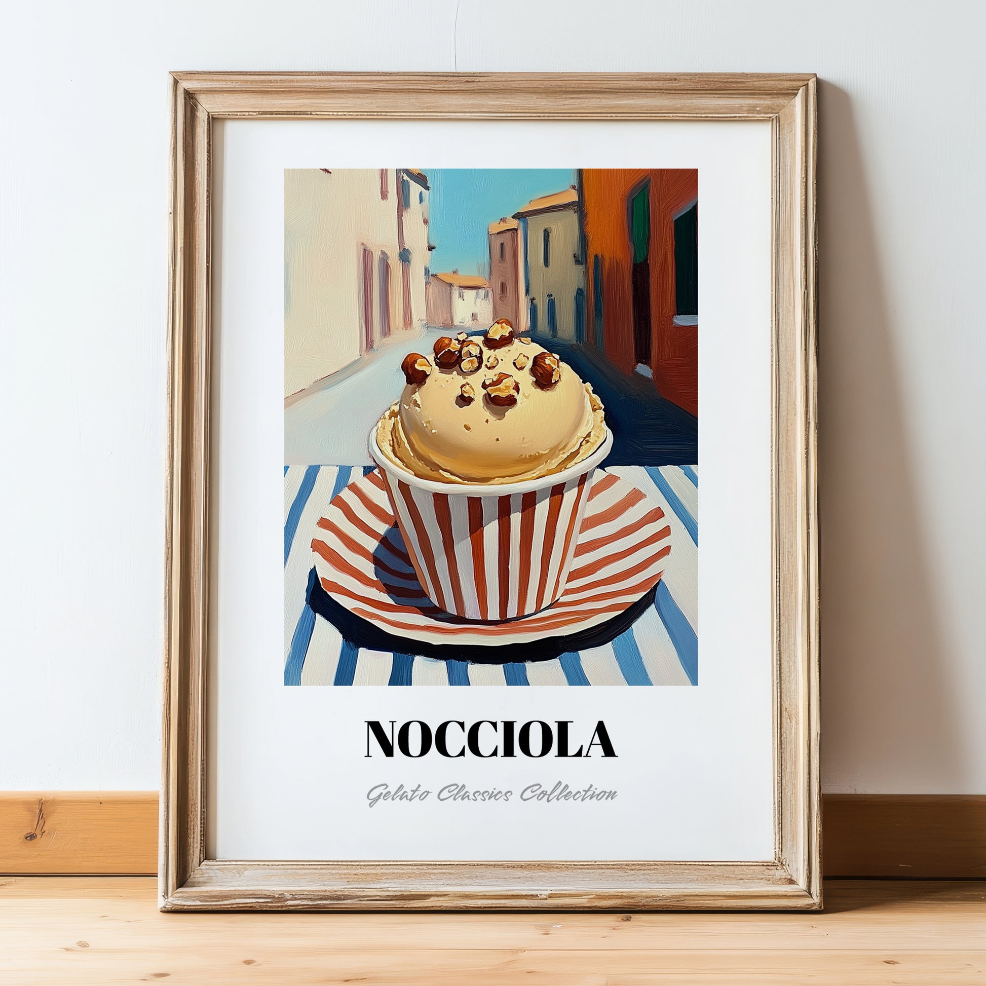 Gelato Nocciola – Italian Outdoor Café Scene, Gelato Poster, in wooden frame leaning on the floor