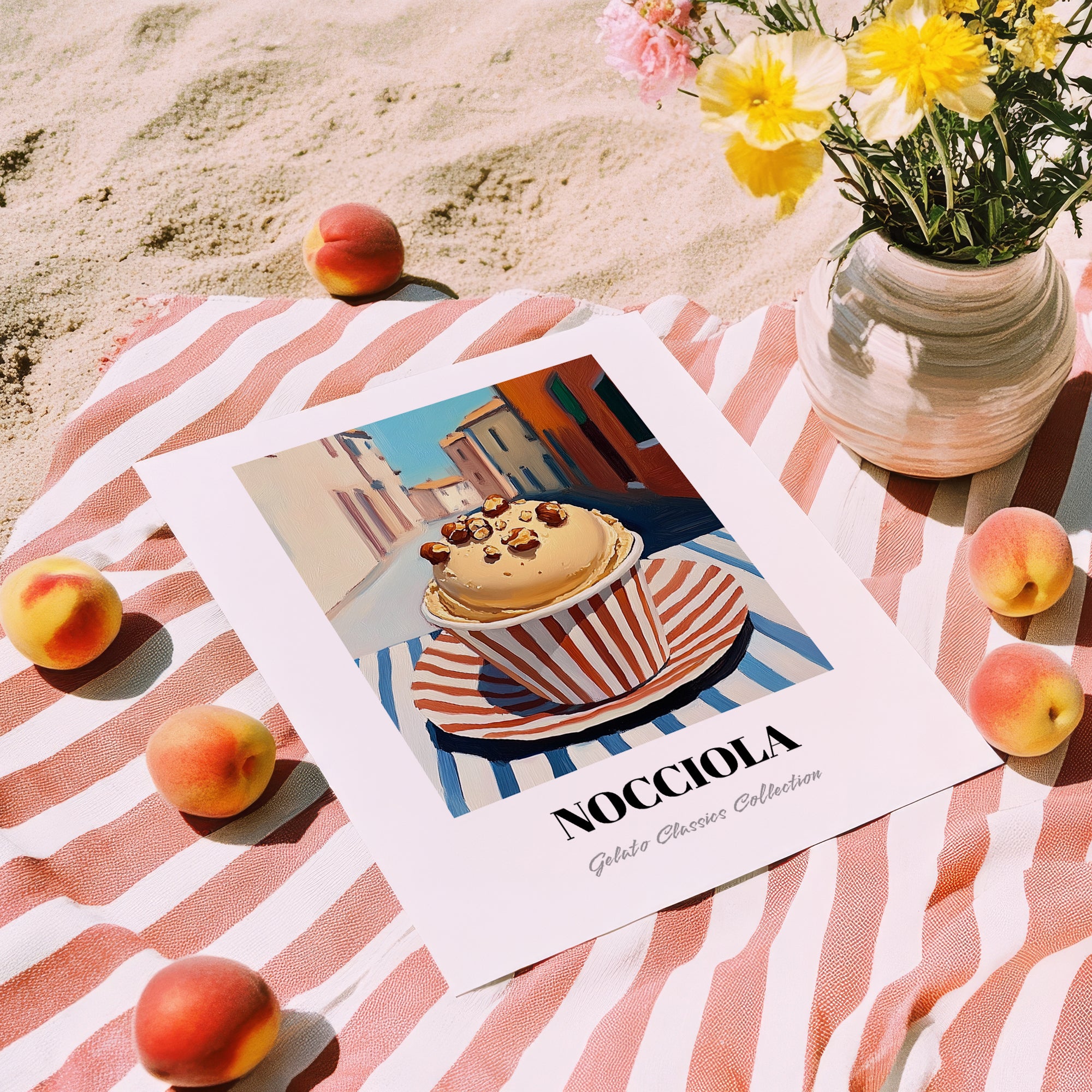 Gelato Nocciola – Italian Outdoor Café Scene, Gelato Poster, unframed on coastal sand