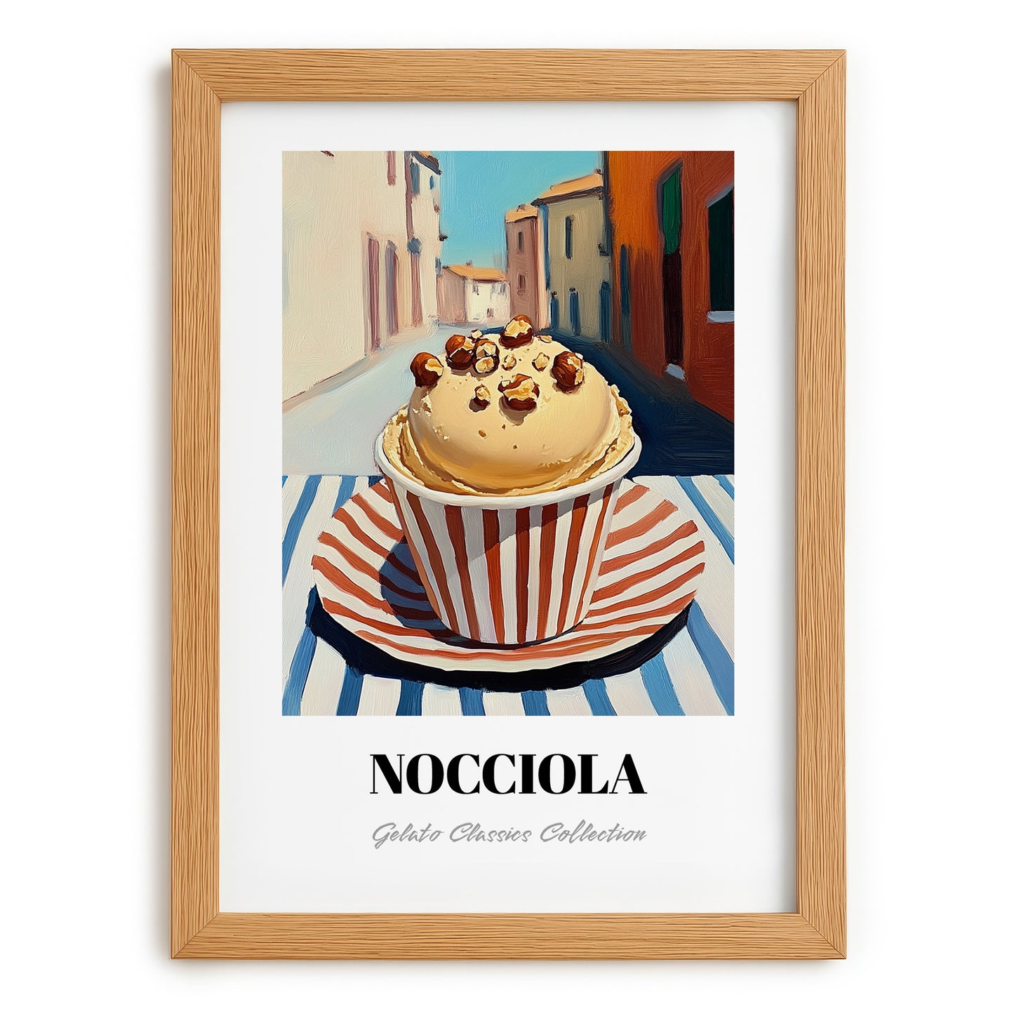 Gelato Nocciola – Italian Outdoor Café Scene, Gelato Poster, set in oak frame
