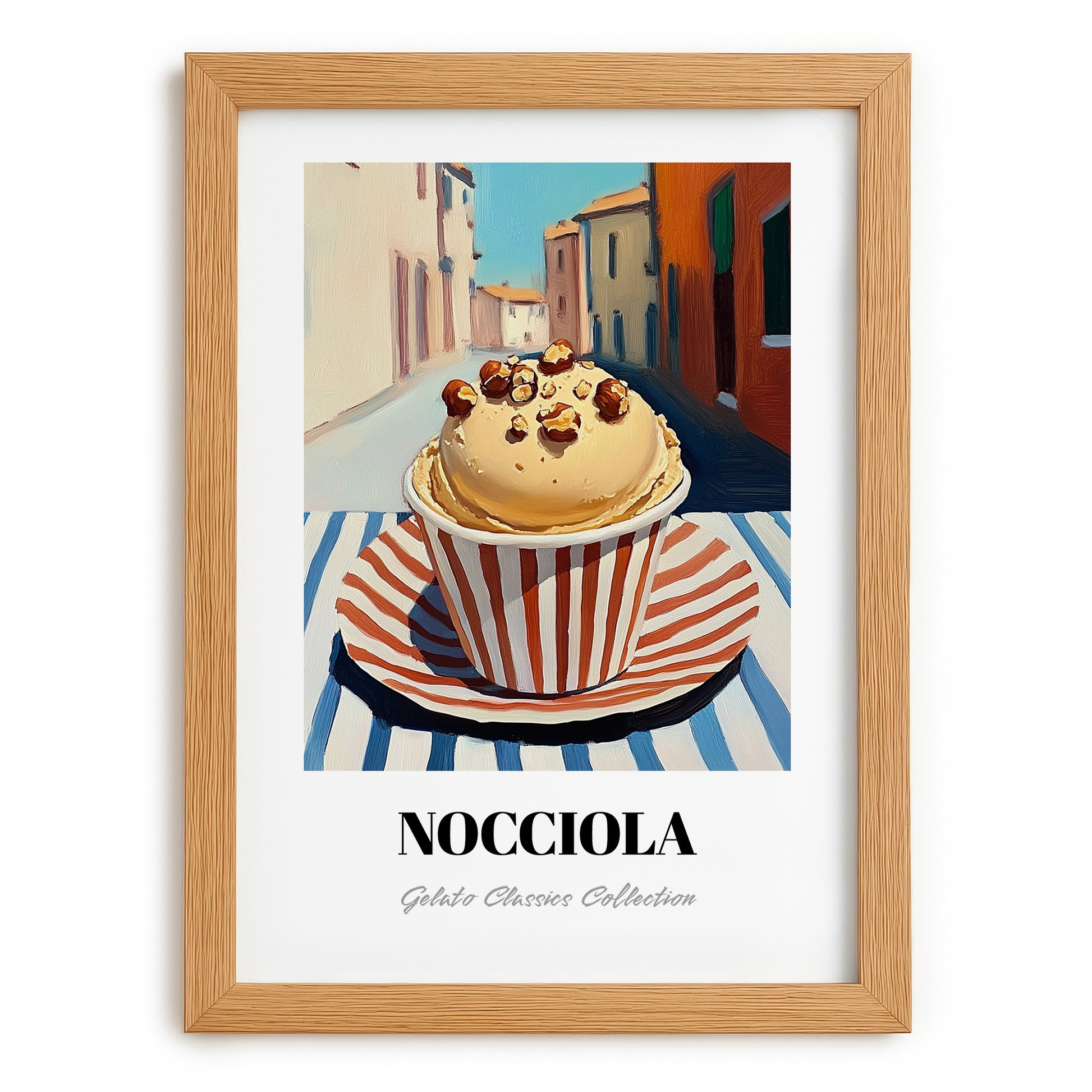 Gelato Nocciola – Italian Outdoor Café Scene, Gelato Poster, set in oak frame