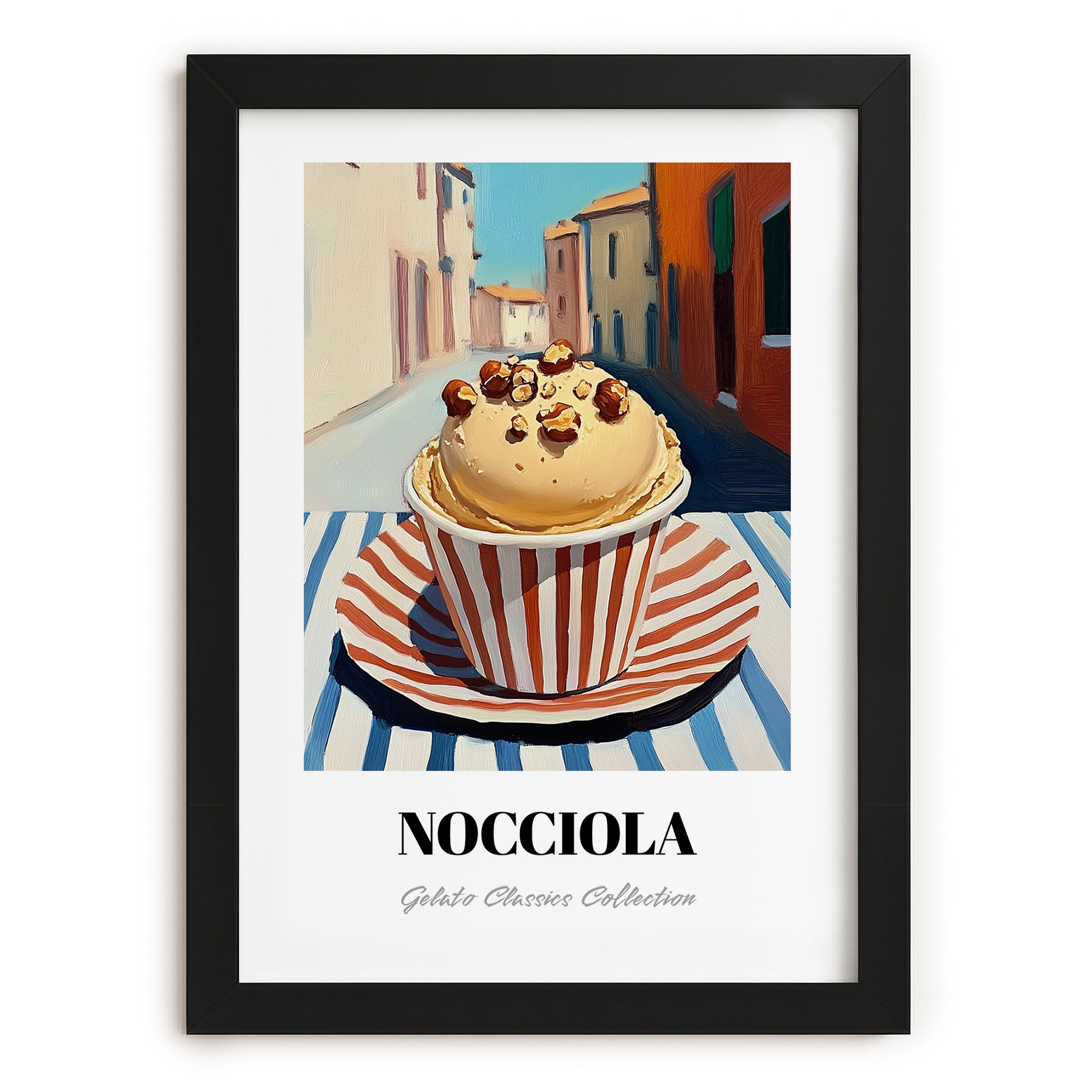 Gelato Nocciola – Italian Outdoor Café Scene, Gelato Poster, in sleek black frame