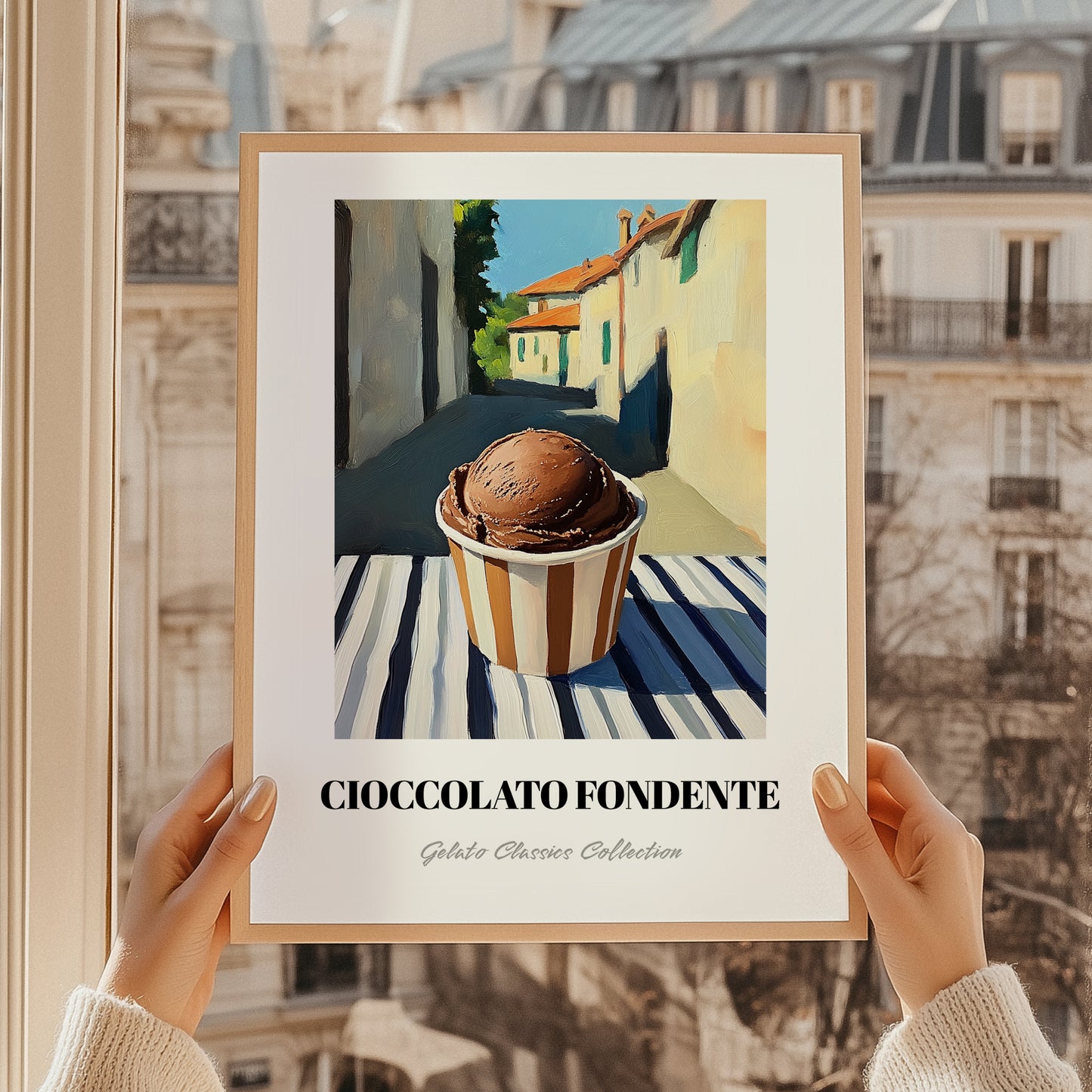 Gelato Cioccolato Fondente – Italian Urban Café Scene, Gelato Print, styled in a charming Paris street view