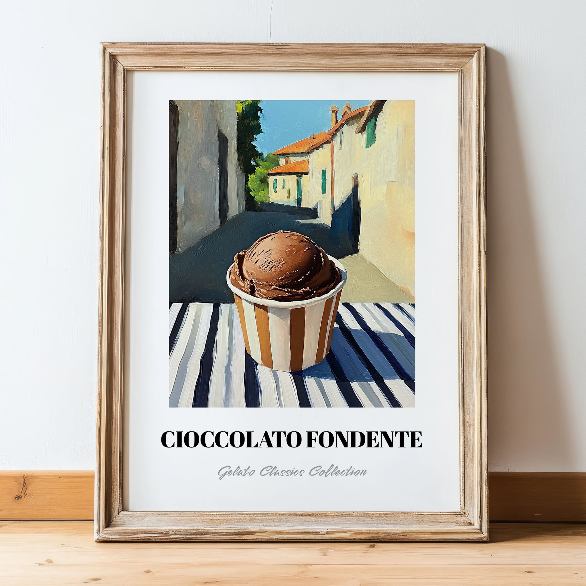 Gelato Cioccolato Fondente – Italian Urban Café Scene, Gelato Print, in wooden frame leaning on the floor