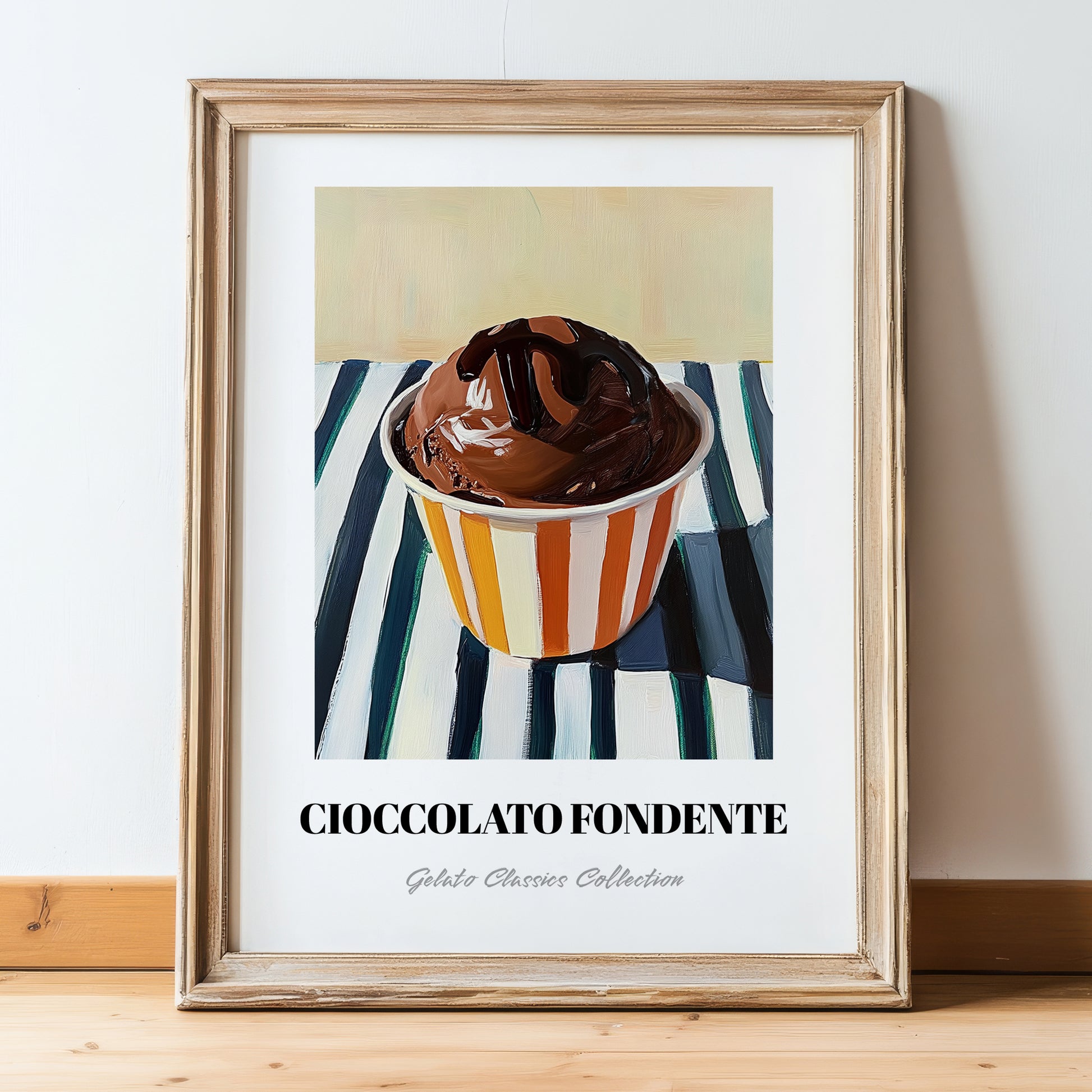 Cioccolato Fondente – on Striped Tablecloth, Gelato Still Life, in wooden frame leaning on the floor