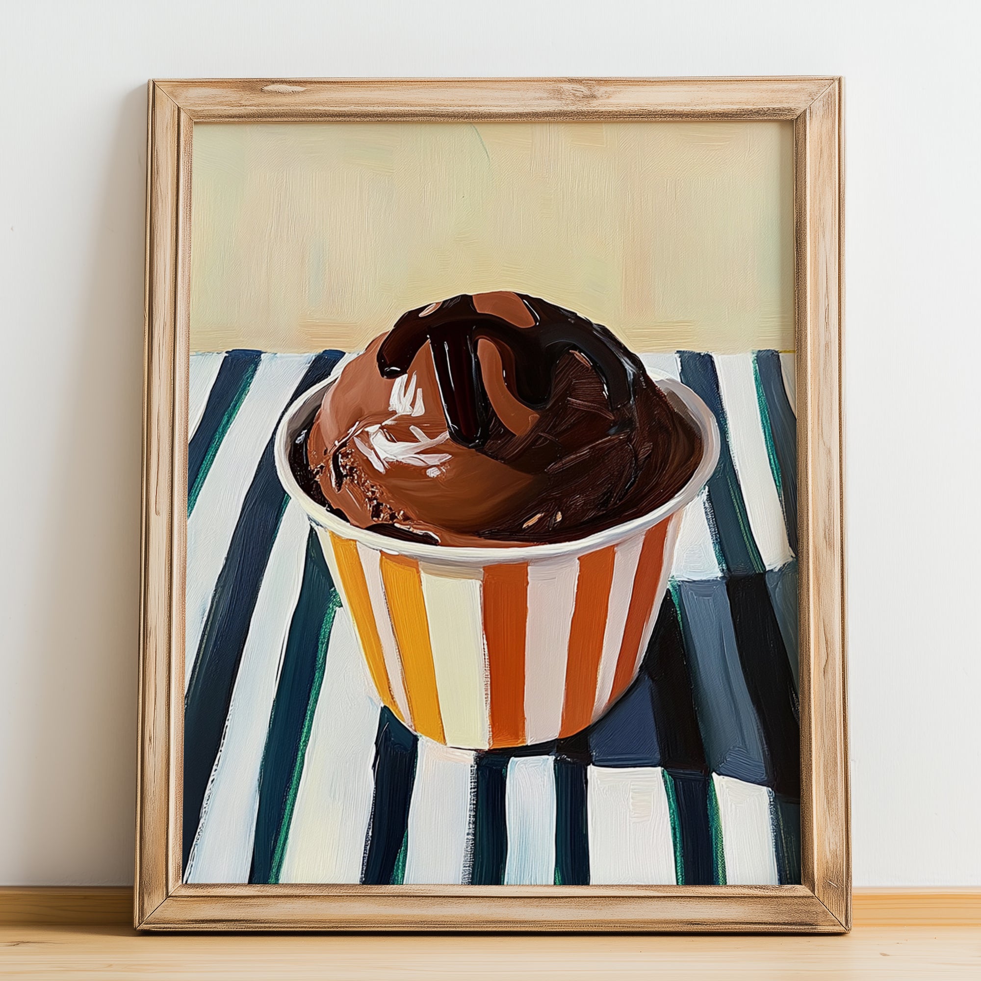 Cioccolato Fondente – on Striped Tablecloth, Gelato Still Life, no-text version framed in wood