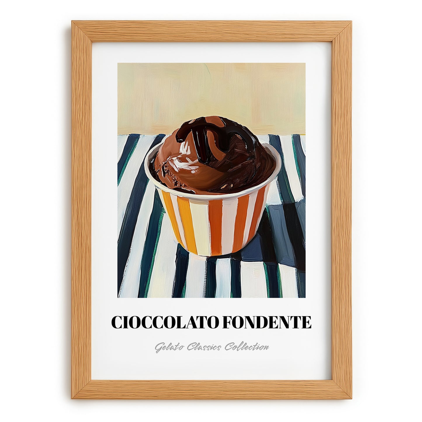 Cioccolato Fondente – on Striped Tablecloth, Gelato Still Life, set in oak frame