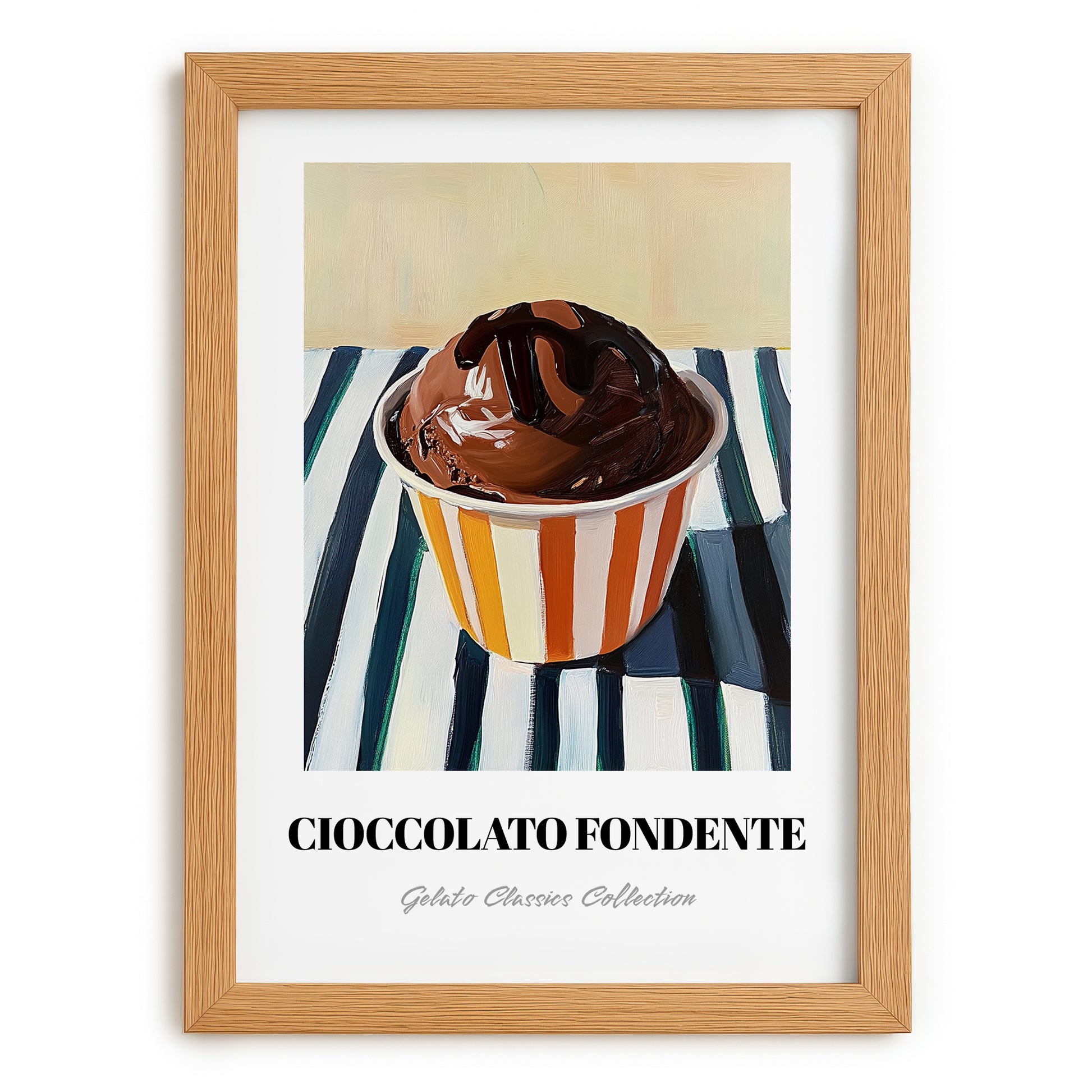 Cioccolato Fondente – on Striped Tablecloth, Gelato Still Life, set in oak frame