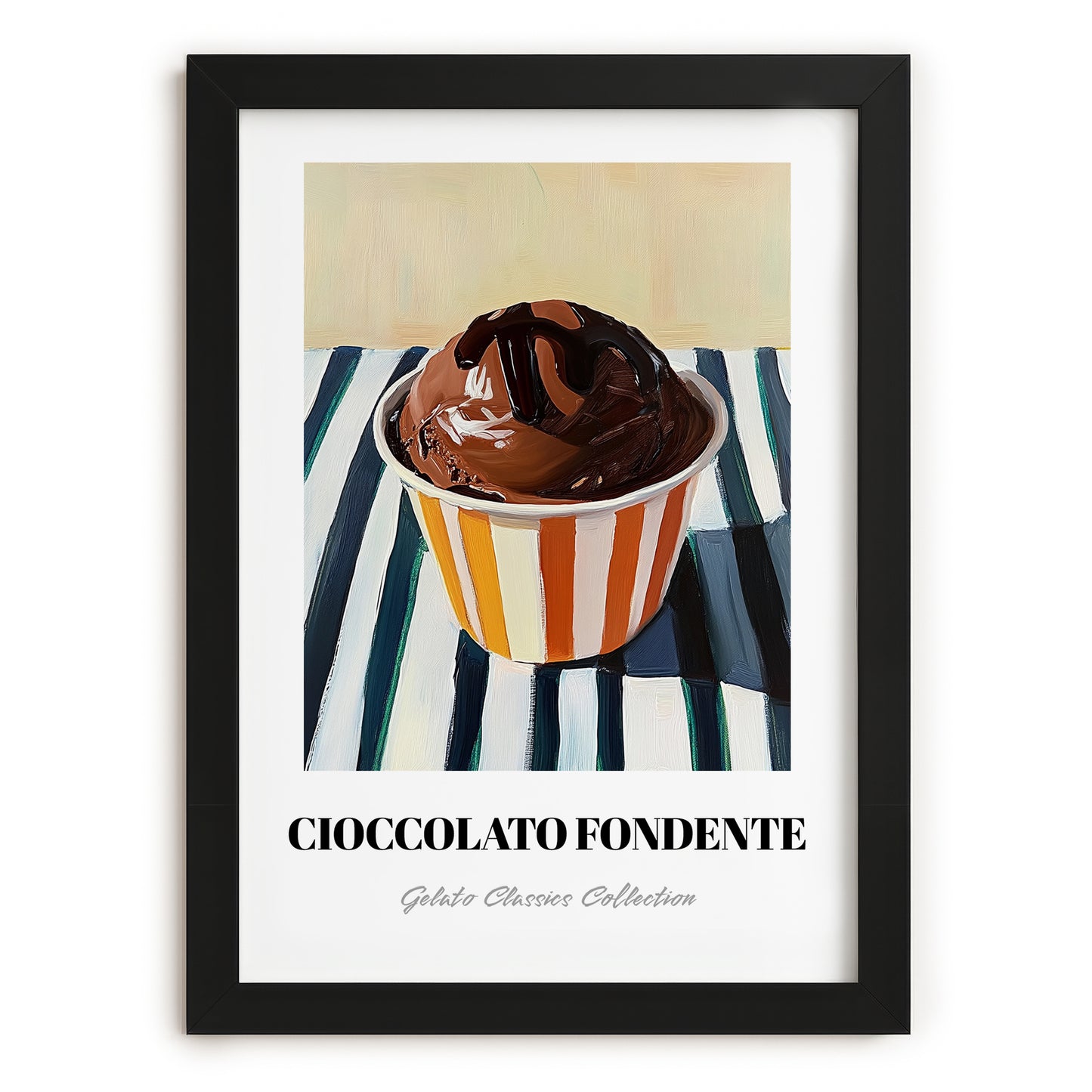 Cioccolato Fondente – on Striped Tablecloth, Gelato Still Life, in sleek black frame