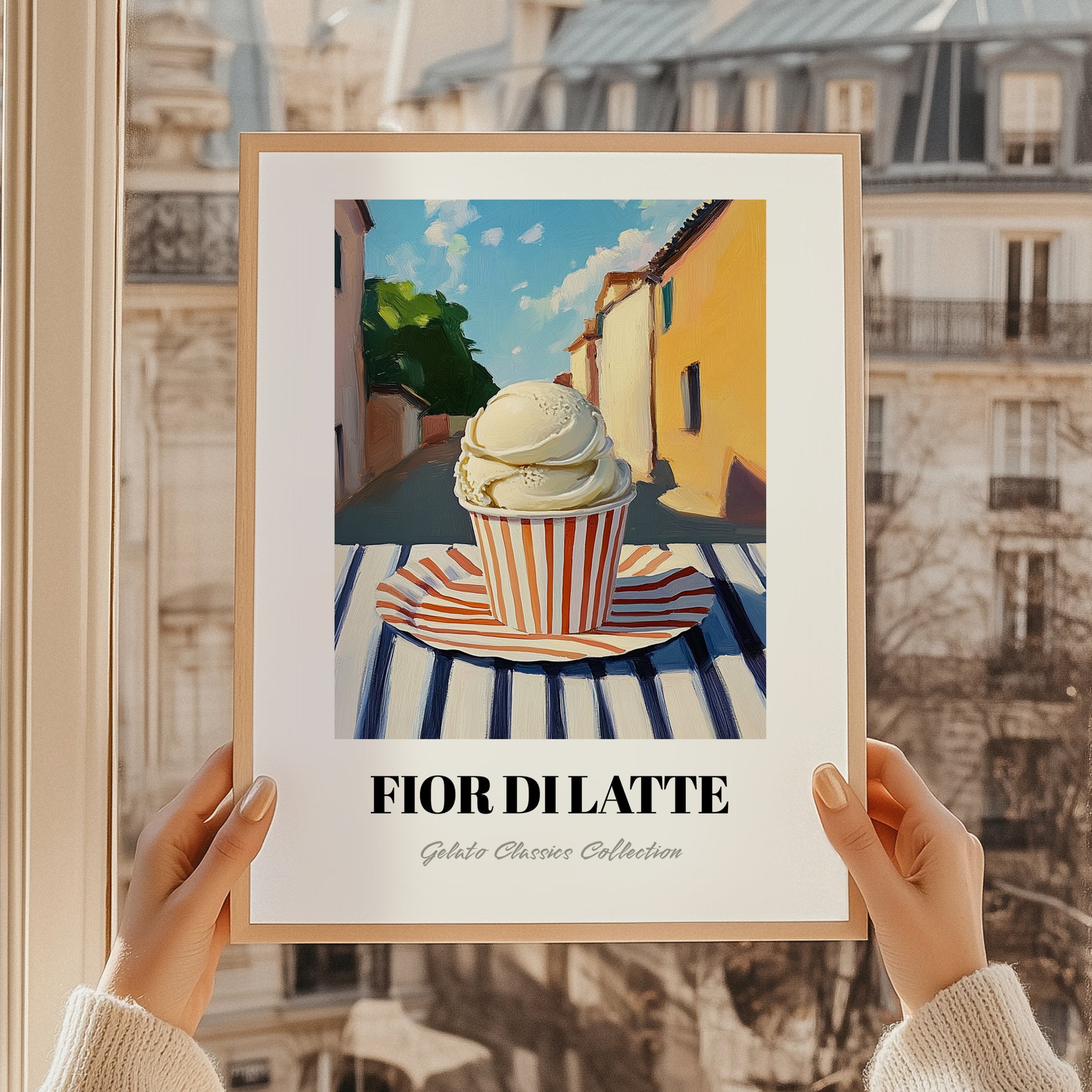 Gelato Fior Di Latte – Italian Outdoor Café Scene, Gelato Illustration, styled in a charming Paris street view