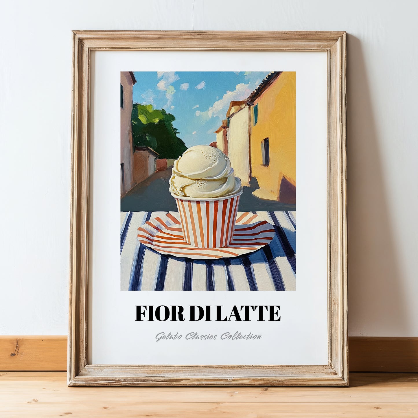 Gelato Fior Di Latte – Italian Outdoor Café Scene, Gelato Illustration, in wooden frame leaning on the floor