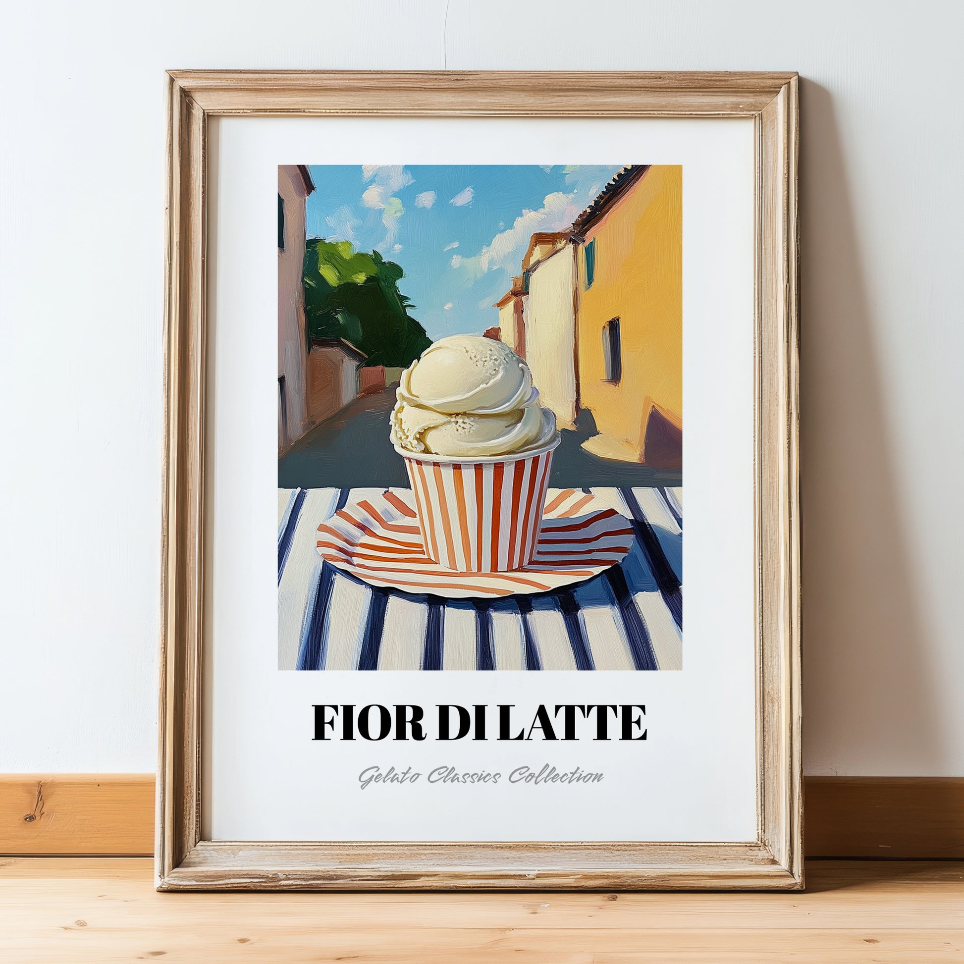 Gelato Fior Di Latte – Italian Outdoor Café Scene, Gelato Illustration, in wooden frame leaning on the floor