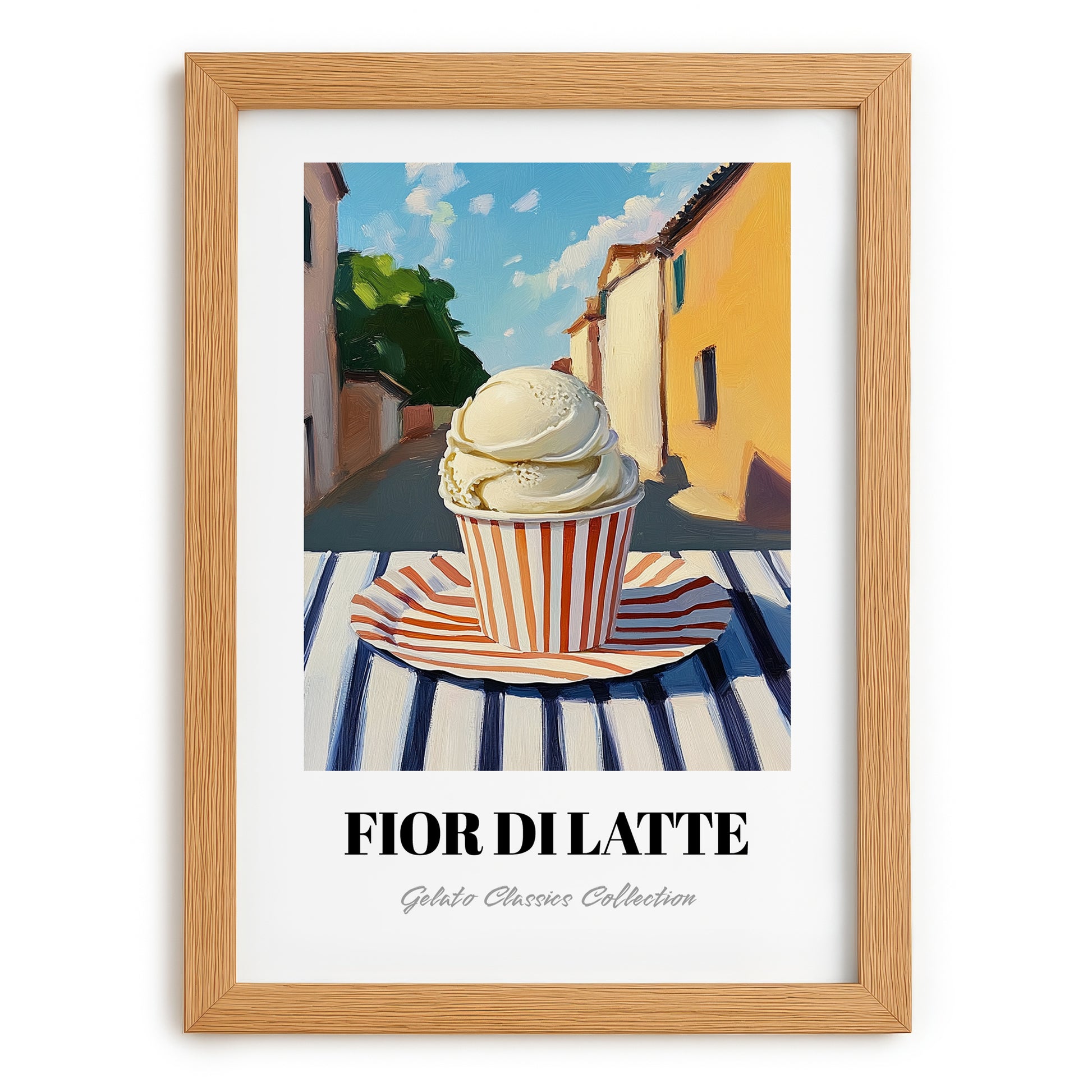 Gelato Fior Di Latte – Italian Outdoor Café Scene, Gelato Illustration, set in oak frame