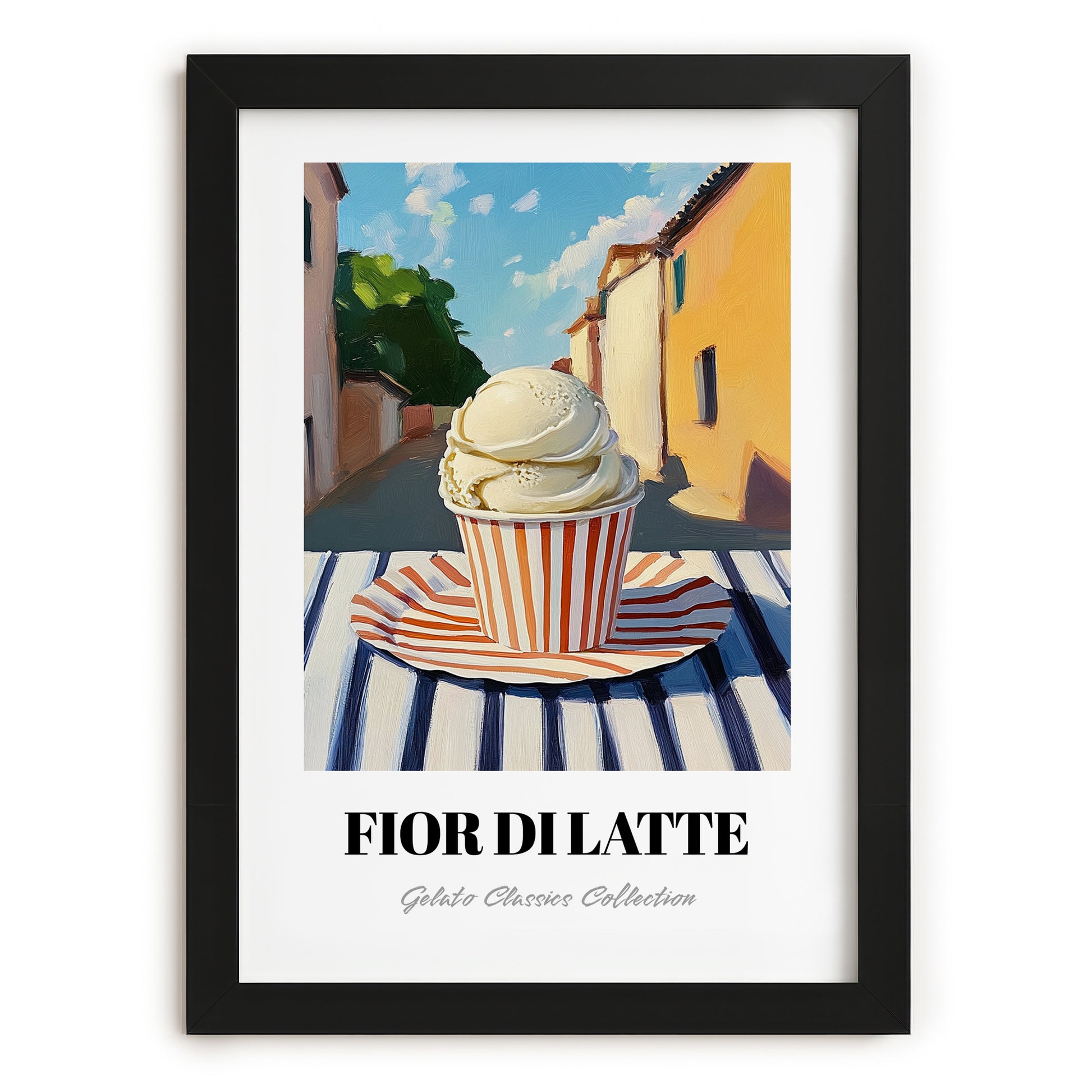 Gelato Fior Di Latte – Italian Outdoor Café Scene, Gelato Illustration, in sleek black frame
