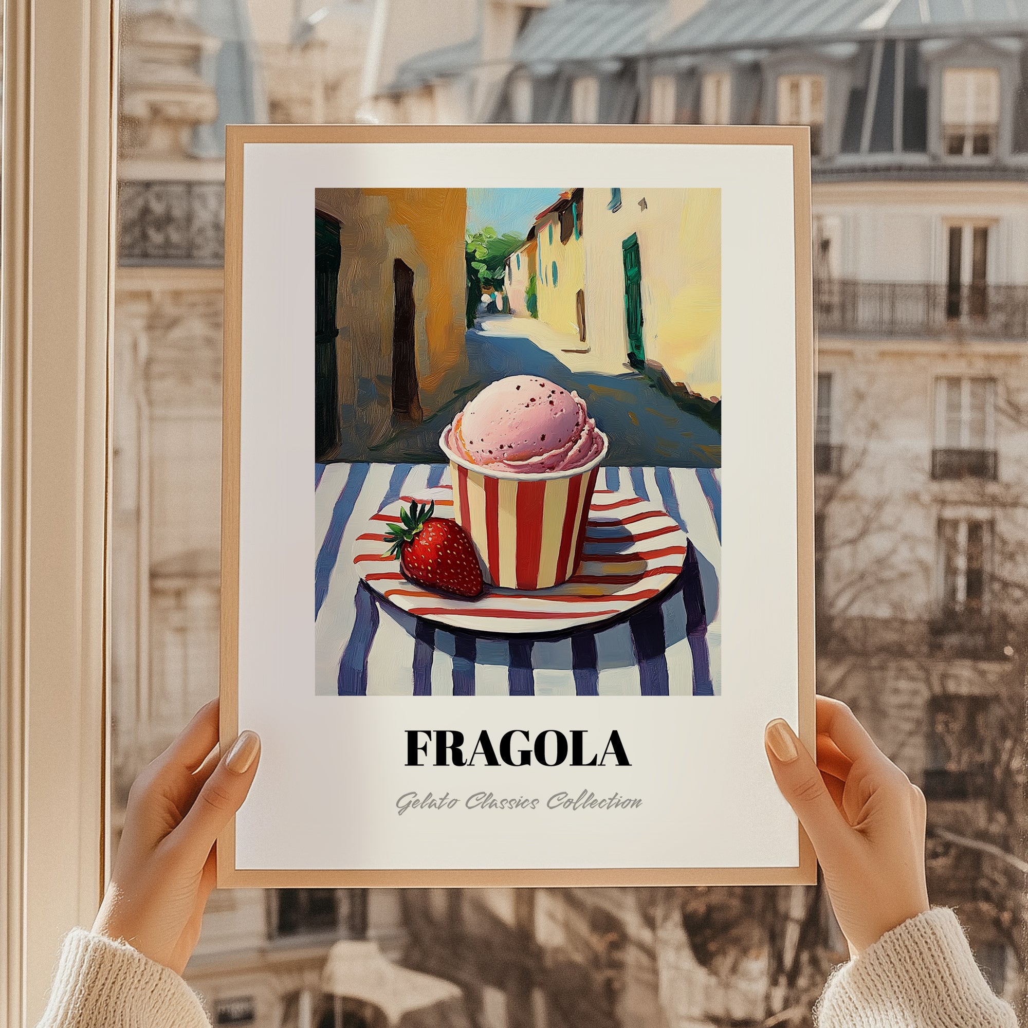 Gelato Fragola – Italian Outdoor Café Scene, Gelato Illustration, styled in a charming Paris street view