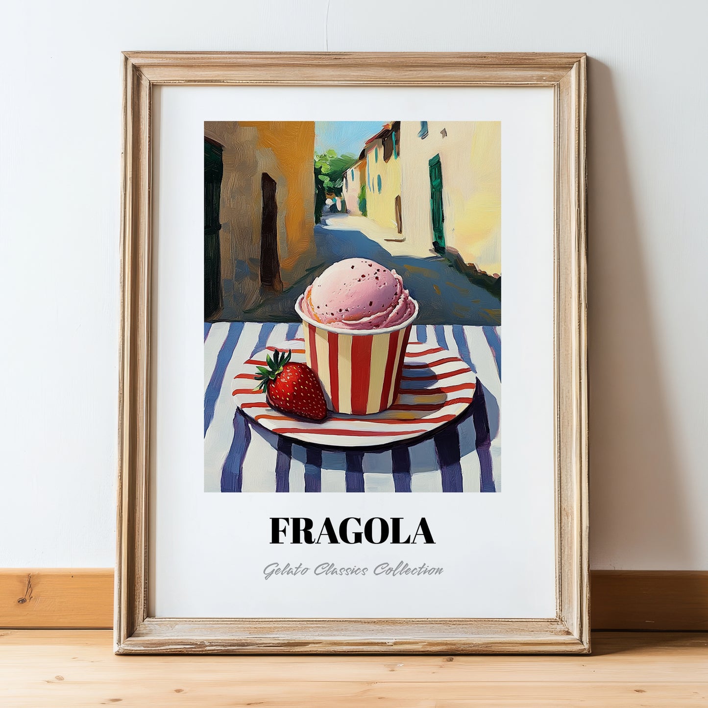 Gelato Fragola – Italian Outdoor Café Scene, Gelato Illustration, in wooden frame leaning on the floor