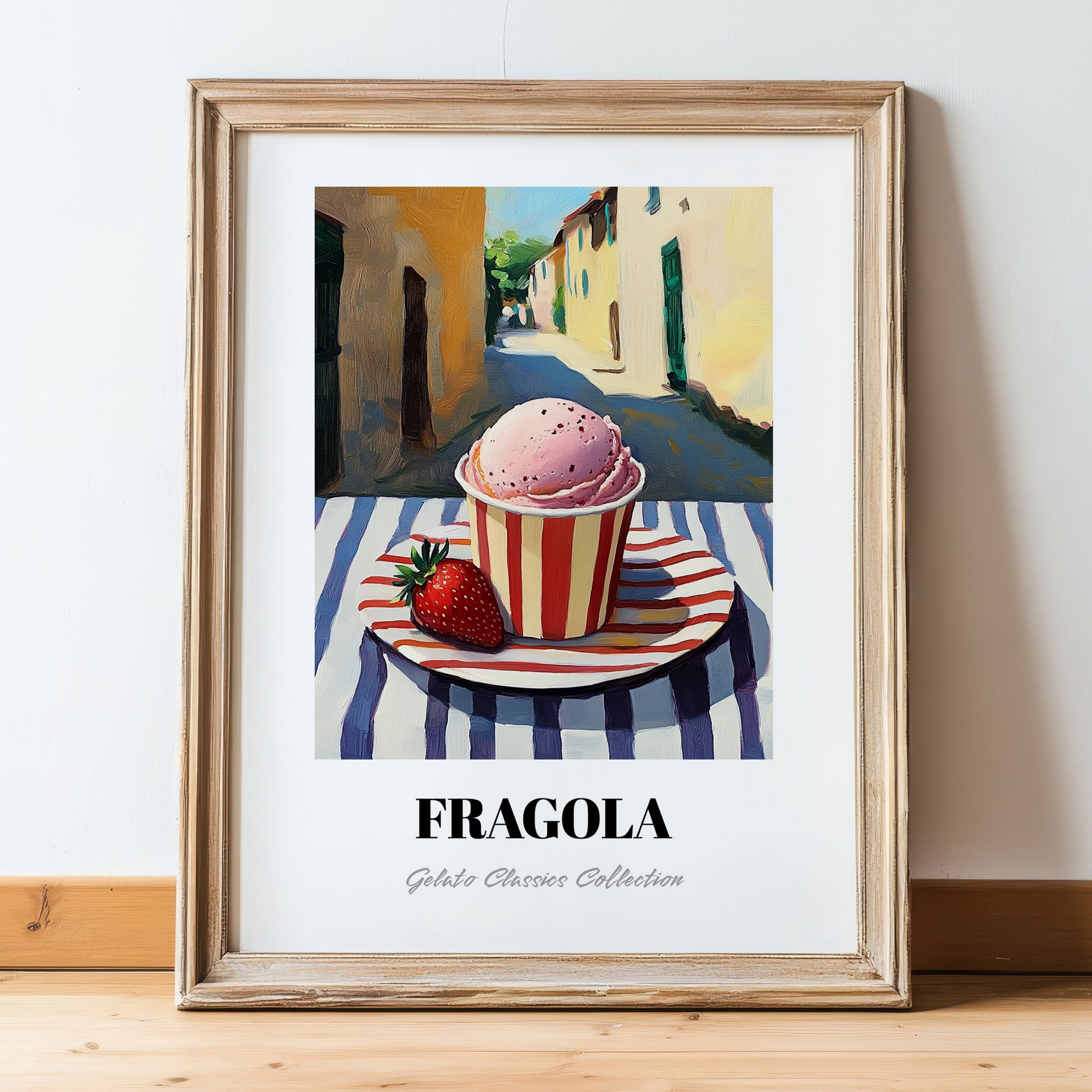 Gelato Fragola – Italian Outdoor Café Scene, Gelato Illustration, in wooden frame leaning on the floor