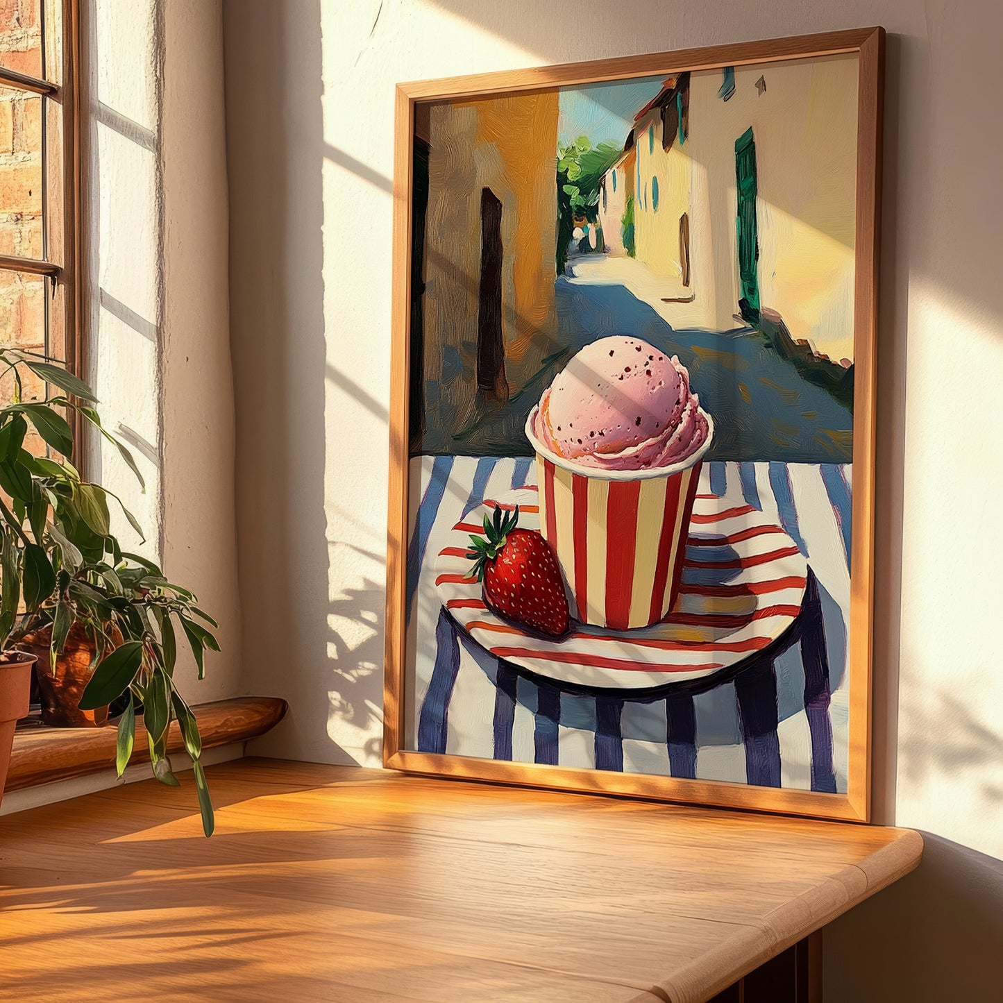 Gelato Fragola – Italian Outdoor Café Scene, Gelato Illustration, clean layout with no caption