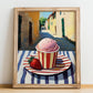 Gelato Fragola – Italian Outdoor Café Scene, Gelato Illustration, no-text version framed in wood