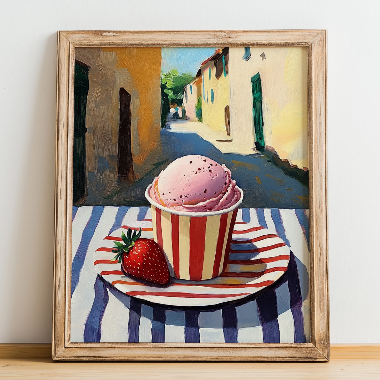 Gelato Fragola – Italian Outdoor Café Scene, Gelato Illustration, no-text version framed in wood