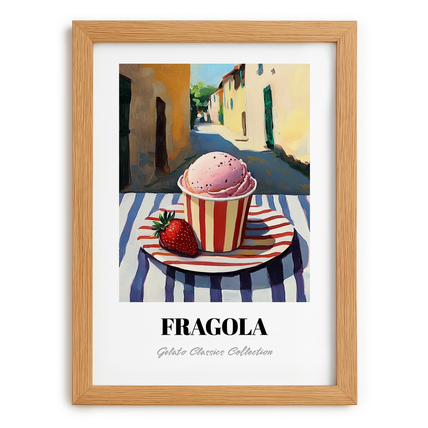 Gelato Fragola – Italian Outdoor Café Scene, Gelato Illustration, set in oak frame
