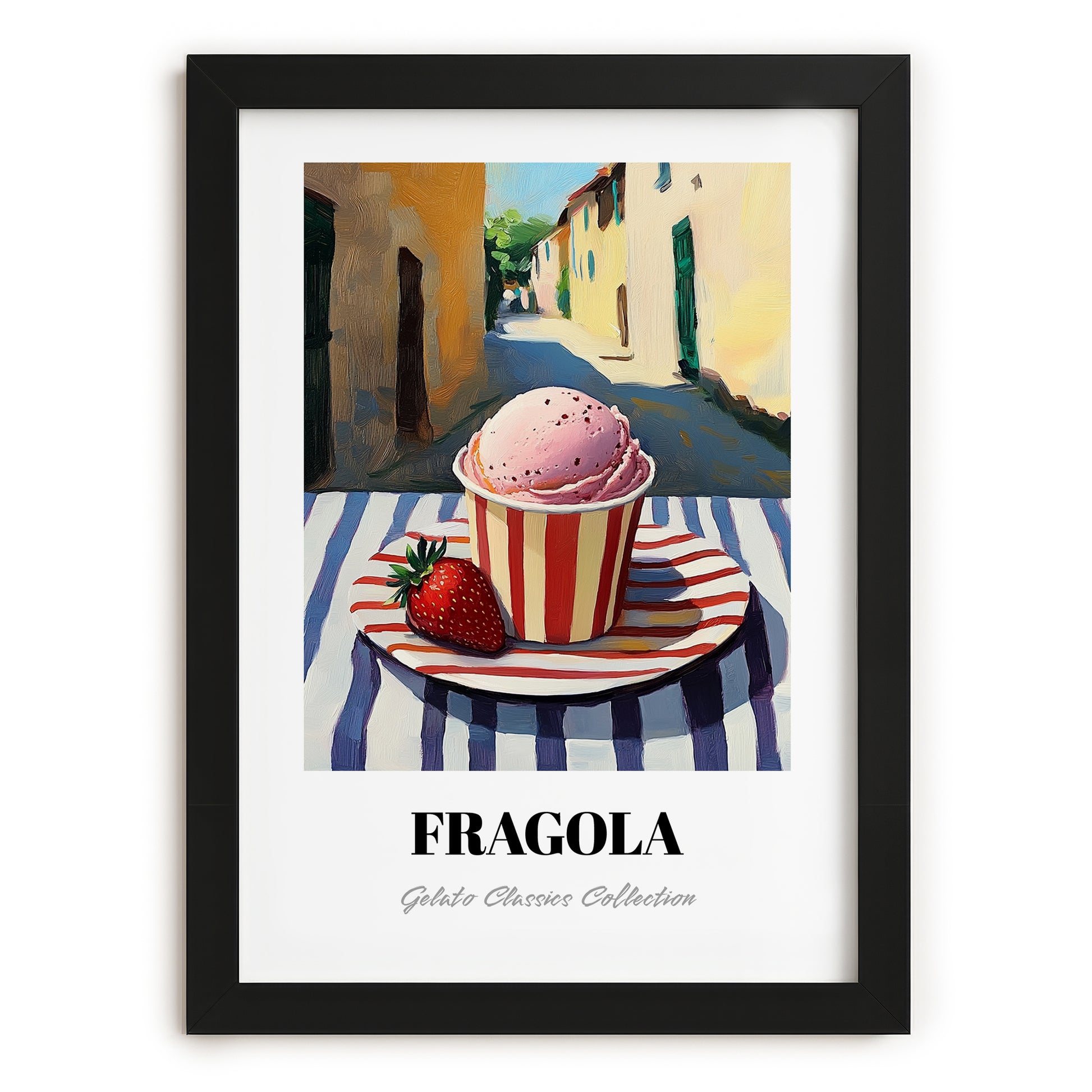 Gelato Fragola – Italian Outdoor Café Scene, Gelato Illustration, in sleek black frame