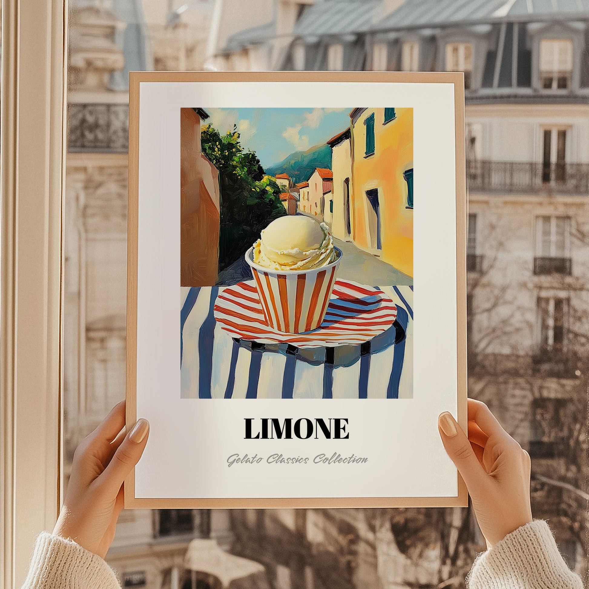 Gelato Limone – Italian Café on the Corner, Gelato Illustration, styled in a charming Paris street view