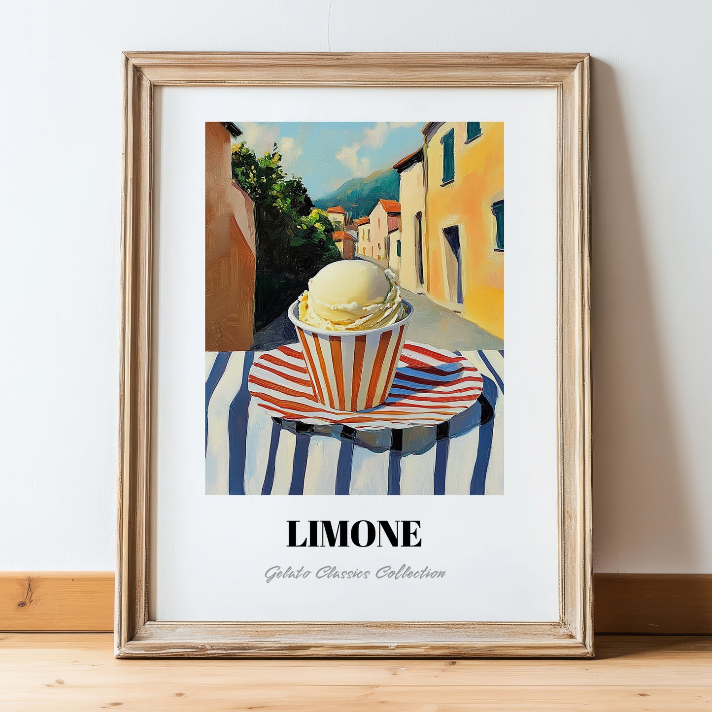 Gelato Limone – Italian Café on the Corner, Gelato Illustration, in wooden frame leaning on the floor