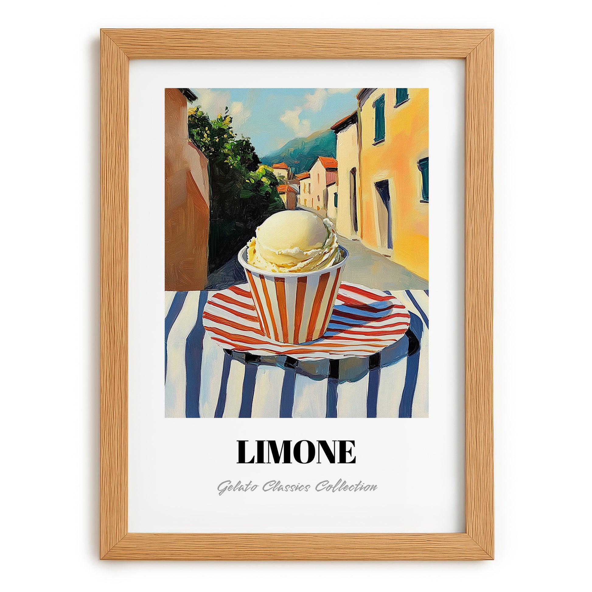 Gelato Limone – Italian Café on the Corner, Gelato Illustration, set in oak frame