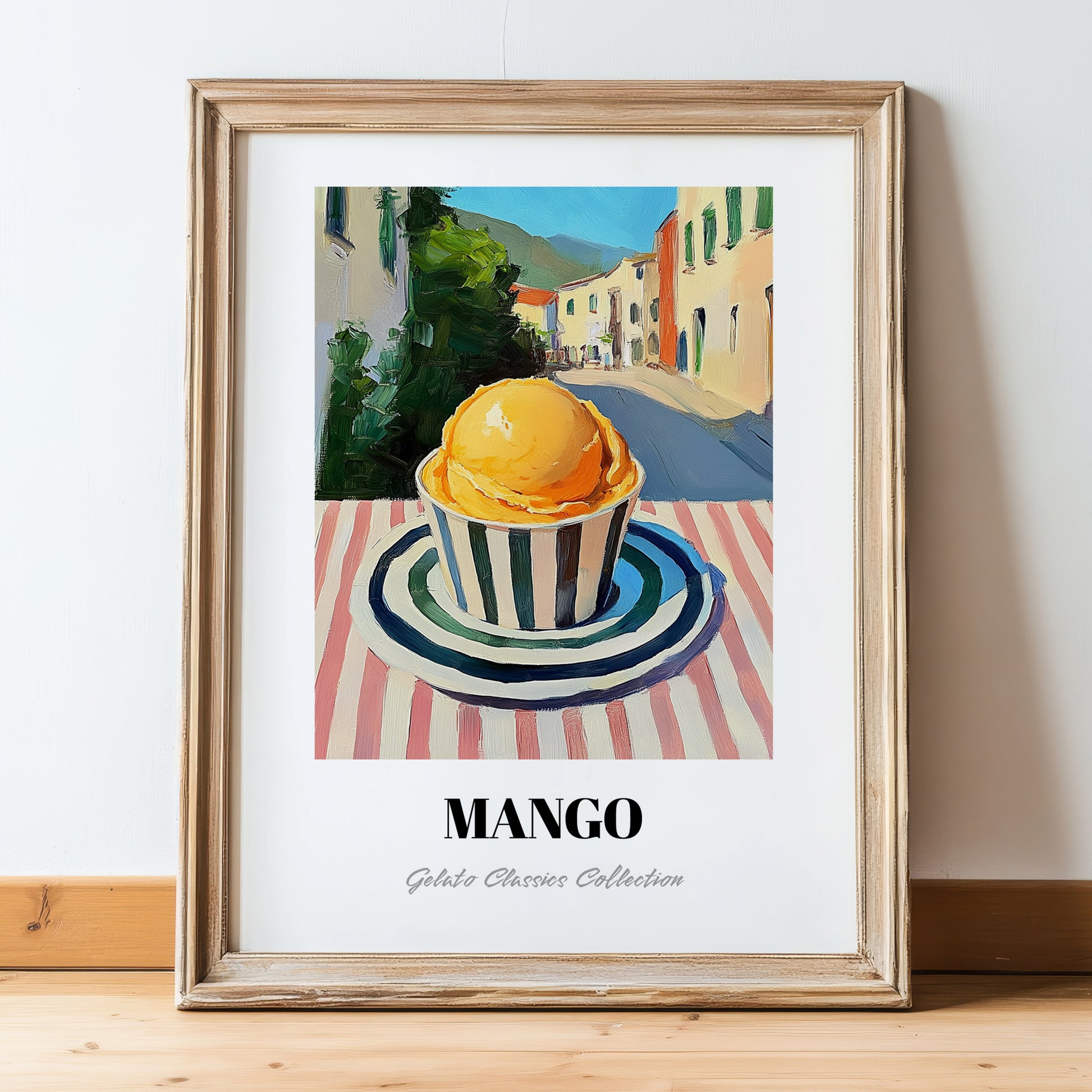 Gelato Mango – Italian Street Café Scene, Gelato Wall Art, in wooden frame leaning on the floor