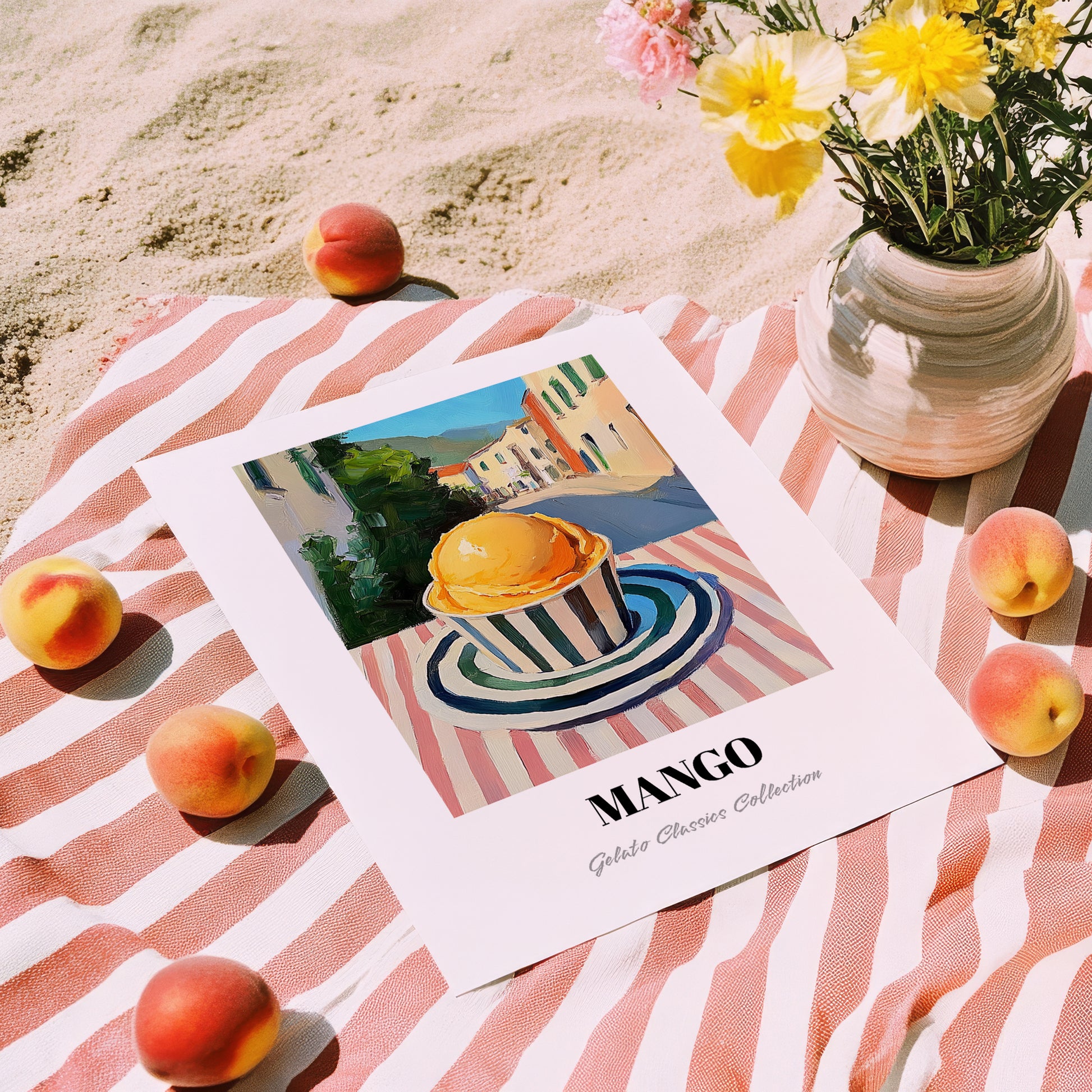 Gelato Mango – Italian Street Café Scene, Gelato Wall Art, unframed on coastal sand