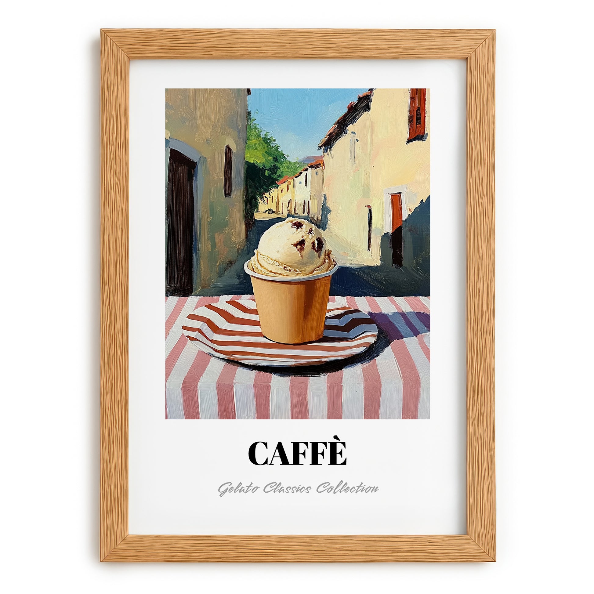 Gelato Caffe – Italian Street Café Scene, Gelato Illustration, set in oak frame