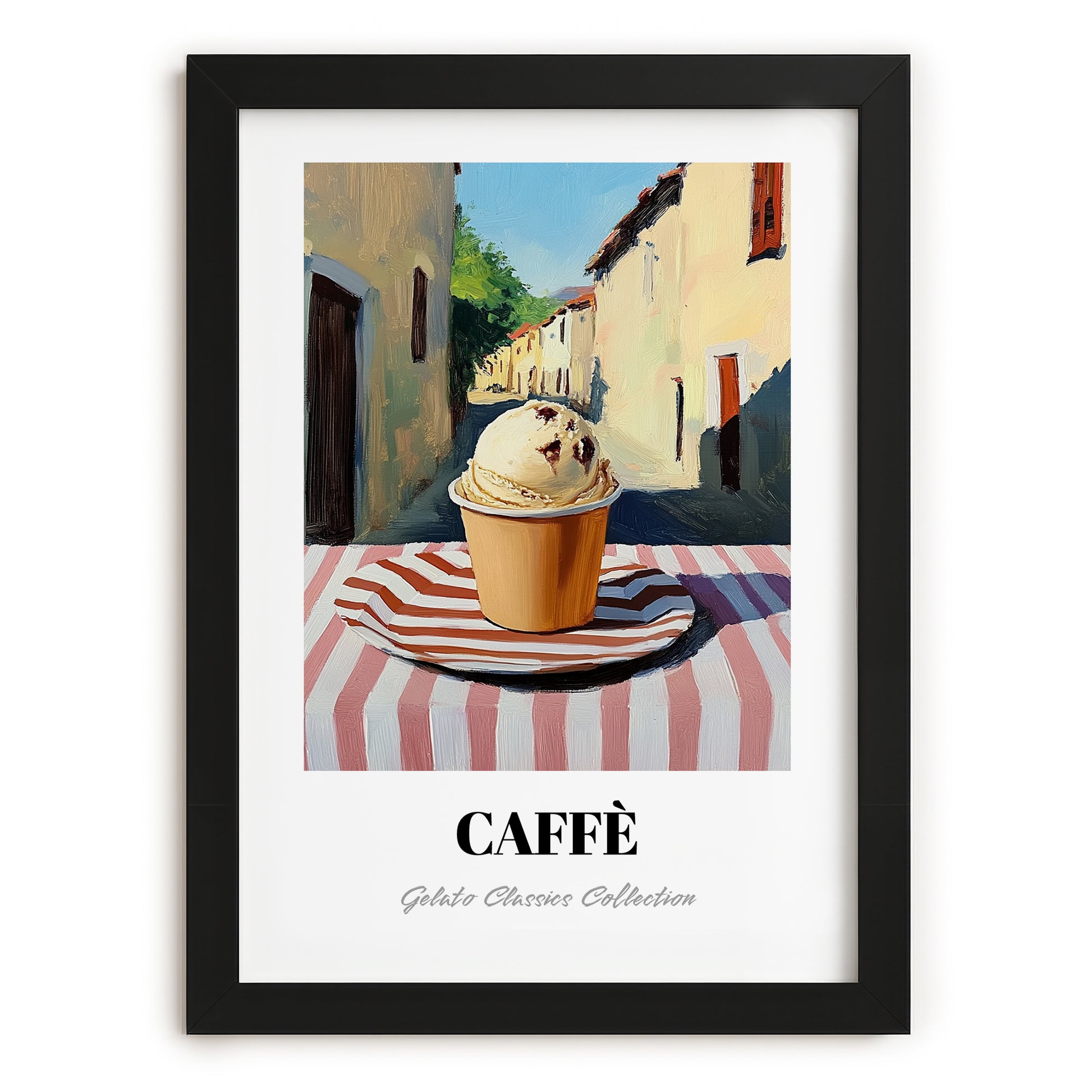 Gelato Caffe – Italian Street Café Scene, Gelato Illustration, in sleek black frame