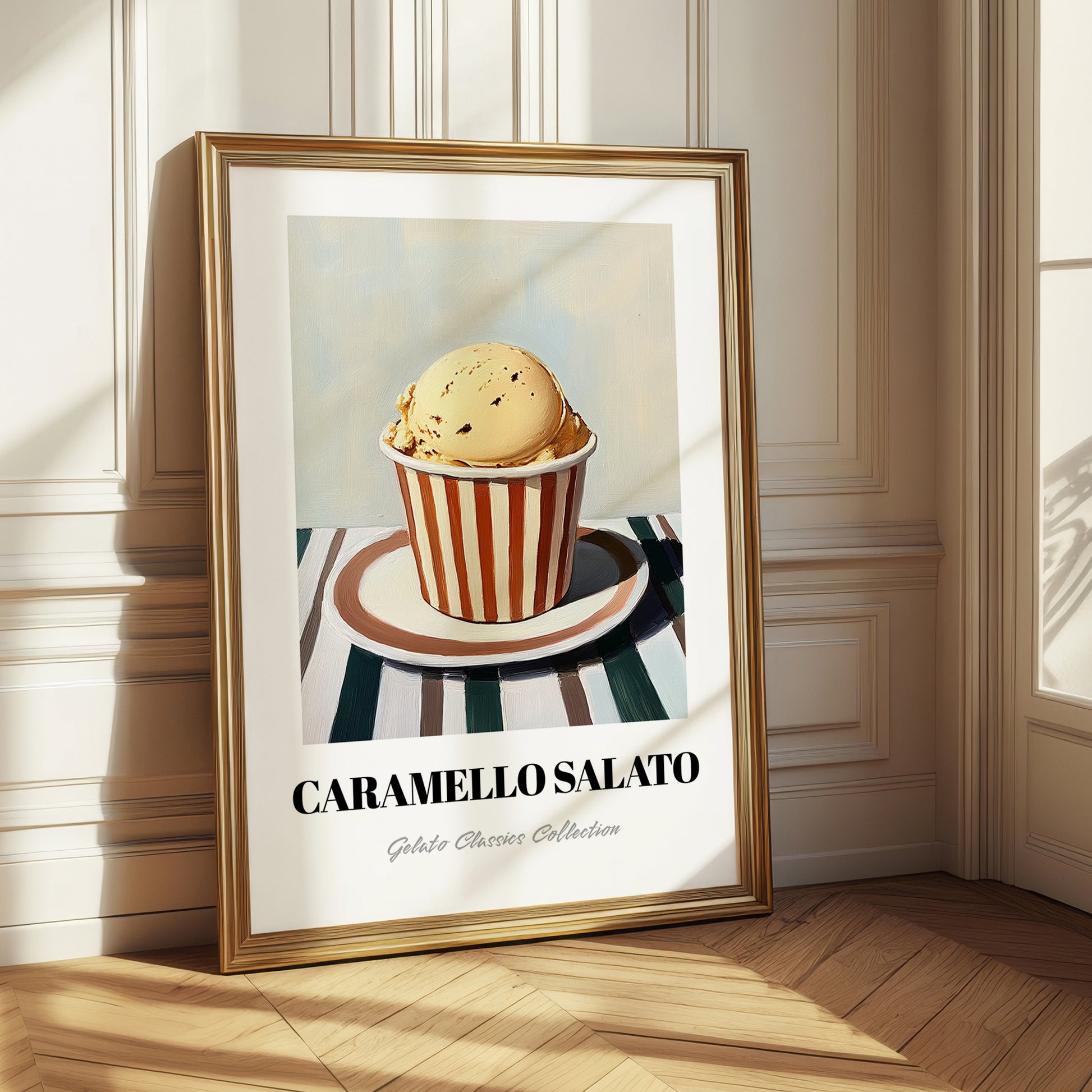 Caramello Salato – on Striped Tablecloth, Gelato Still Life
