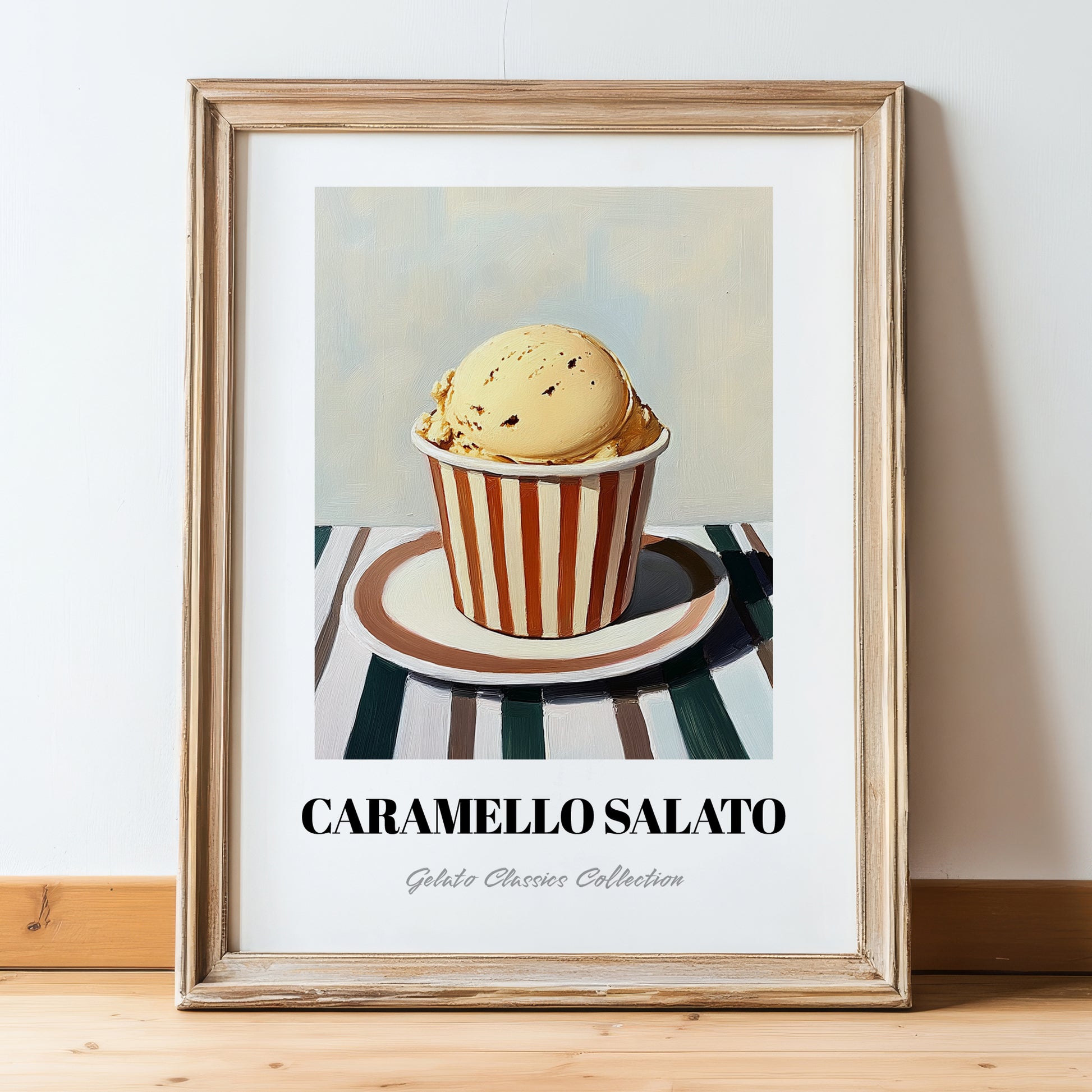 Caramello Salato – on Striped Tablecloth, Gelato Still Life, in wooden frame leaning on the floor