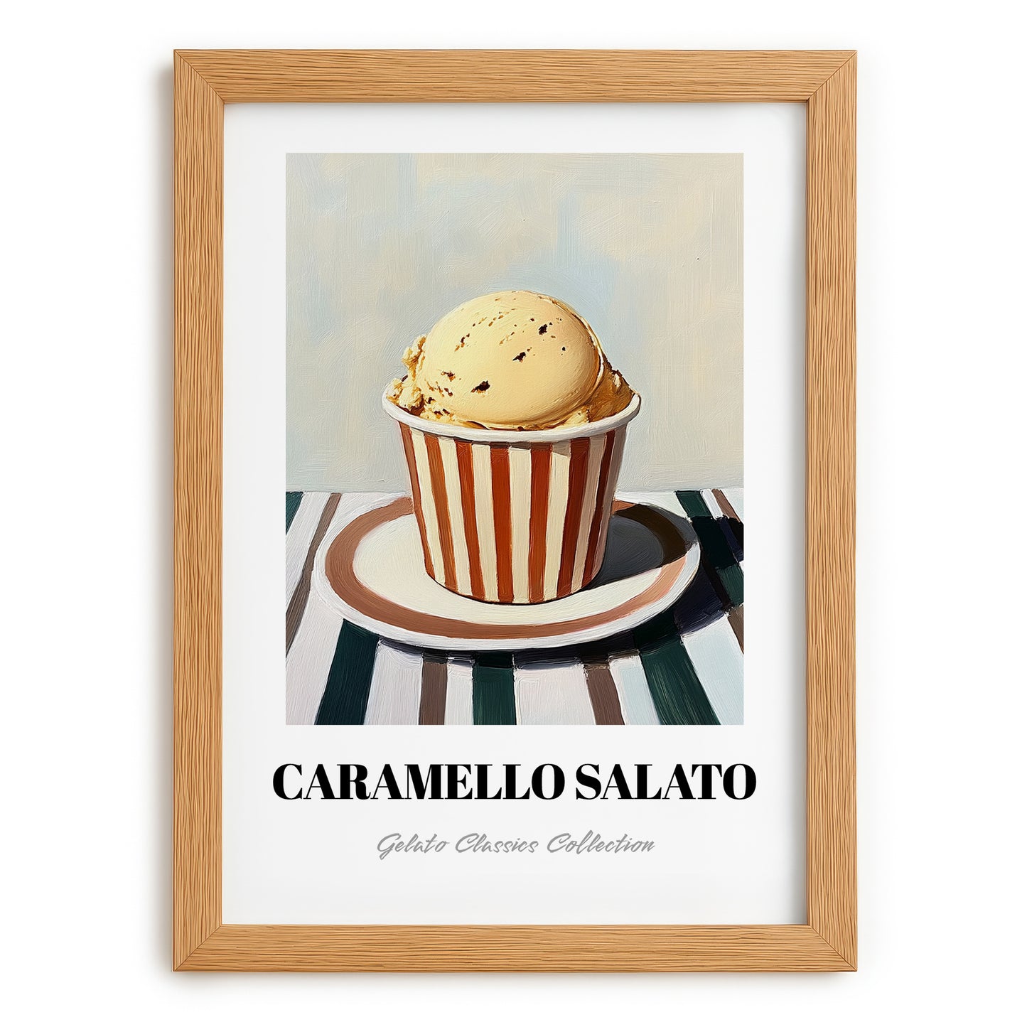 Caramello Salato – on Striped Tablecloth, Gelato Still Life, set in oak frame