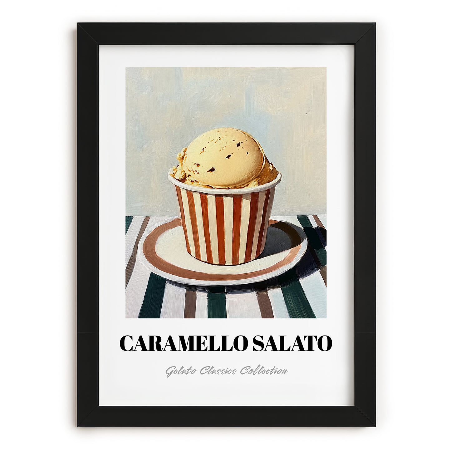 Caramello Salato – on Striped Tablecloth, Gelato Still Life, in sleek black frame