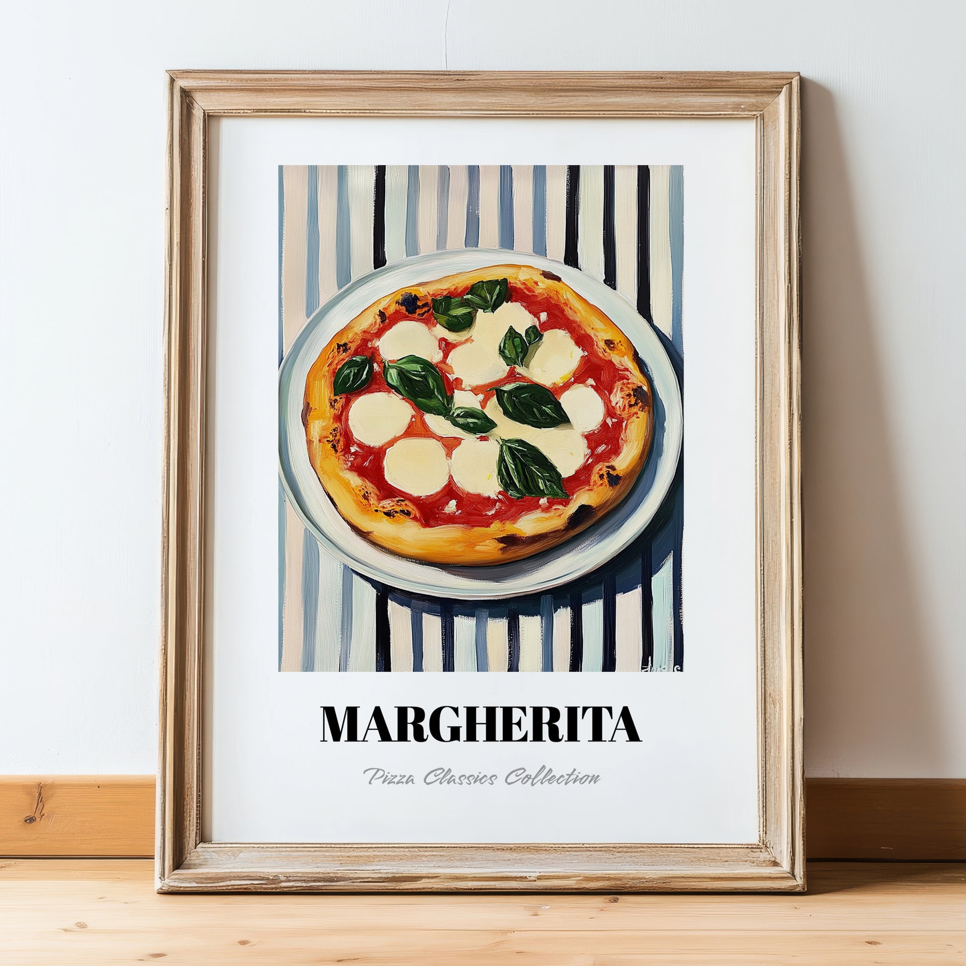 Margherita – on Striped Tablecloth, Gelato Illustration, in wooden frame leaning on the floor