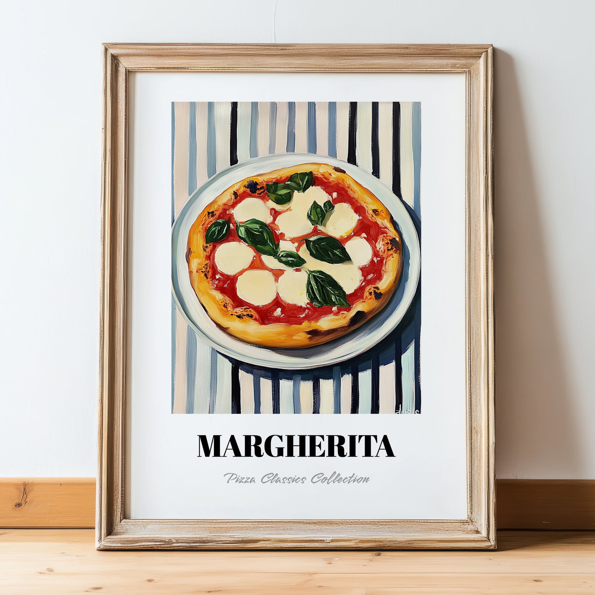 Margherita – on Striped Tablecloth, Gelato Illustration, in wooden frame leaning on the floor