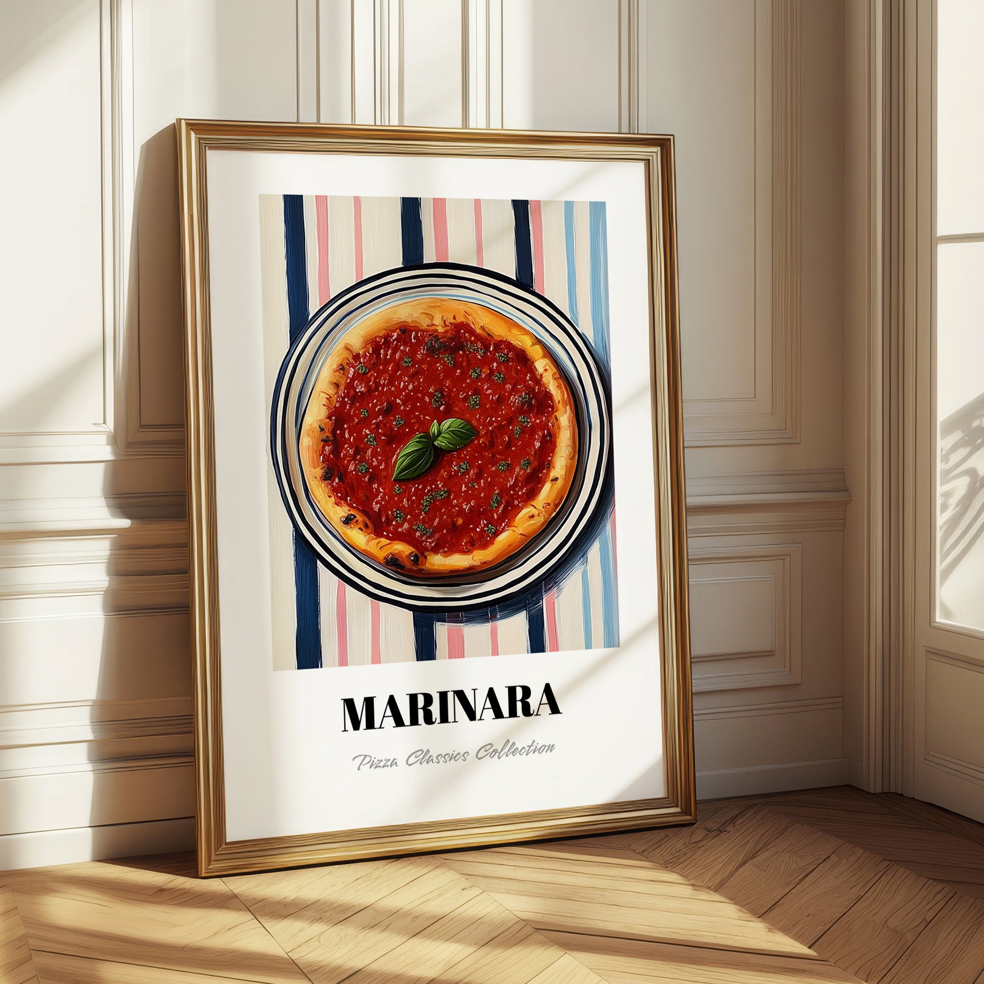 Marinara – on Striped Tablecloth, Pizza Wall Print