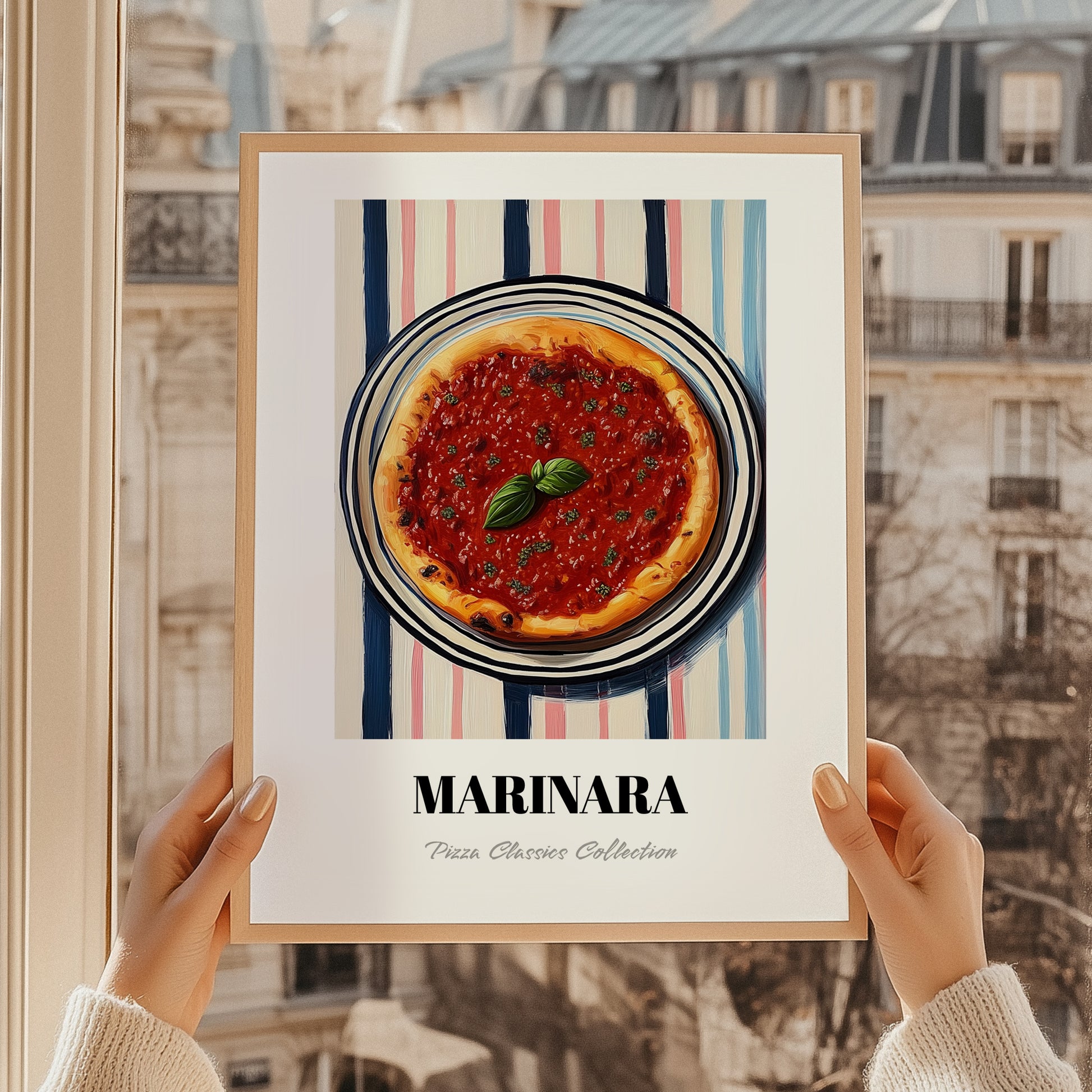 Marinara – on Striped Tablecloth, Pizza Wall Print, styled in a charming Paris street view