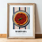 Marinara – on Striped Tablecloth, Pizza Wall Print, in wooden frame leaning on the floor