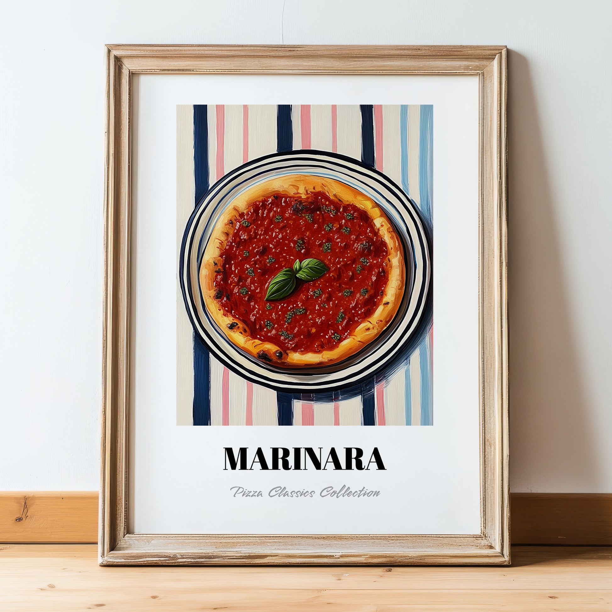 Marinara – on Striped Tablecloth, Pizza Wall Print, in wooden frame leaning on the floor