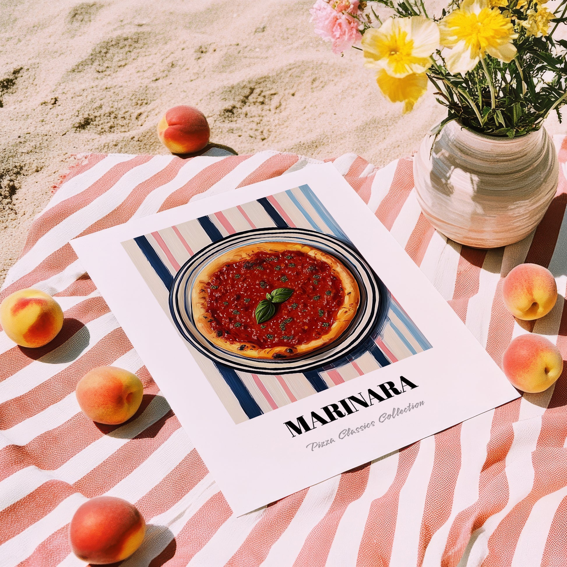 Marinara – on Striped Tablecloth, Pizza Wall Print, unframed on coastal sand