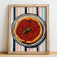 Marinara – on Striped Tablecloth, Pizza Wall Print, no-text version framed in wood