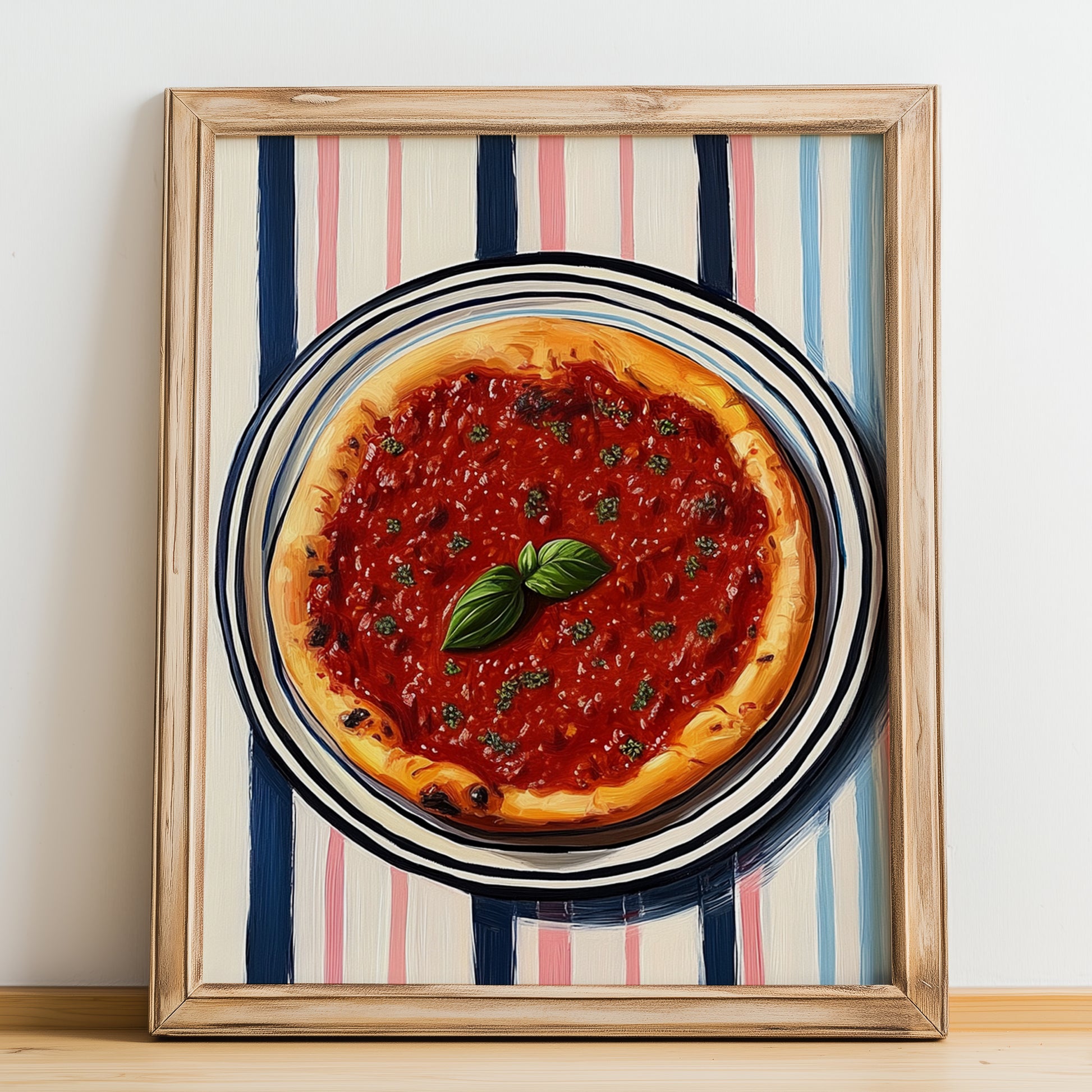 Marinara – on Striped Tablecloth, Pizza Wall Print, no-text version framed in wood