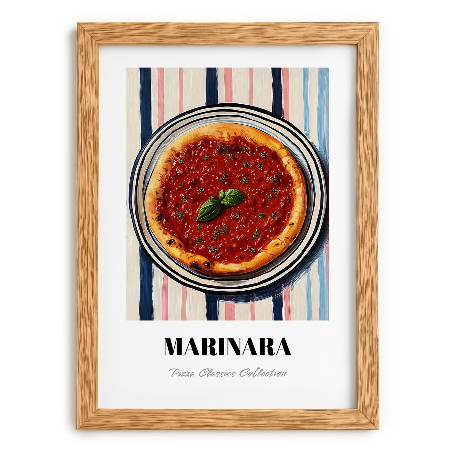 Marinara – on Striped Tablecloth, Pizza Wall Print, set in oak frame