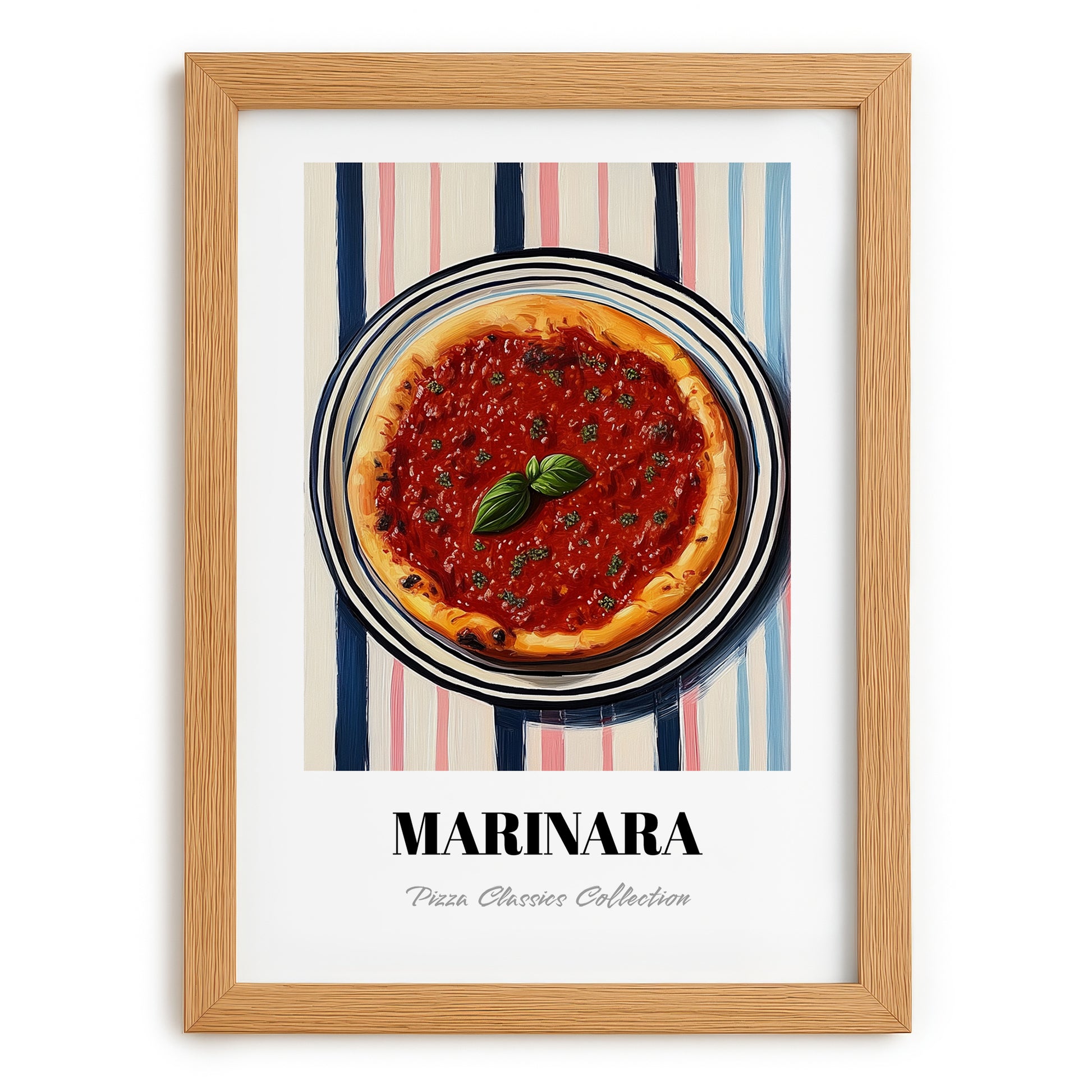 Marinara – on Striped Tablecloth, Pizza Wall Print, set in oak frame