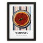 Marinara – on Striped Tablecloth, Pizza Wall Print, in sleek black frame